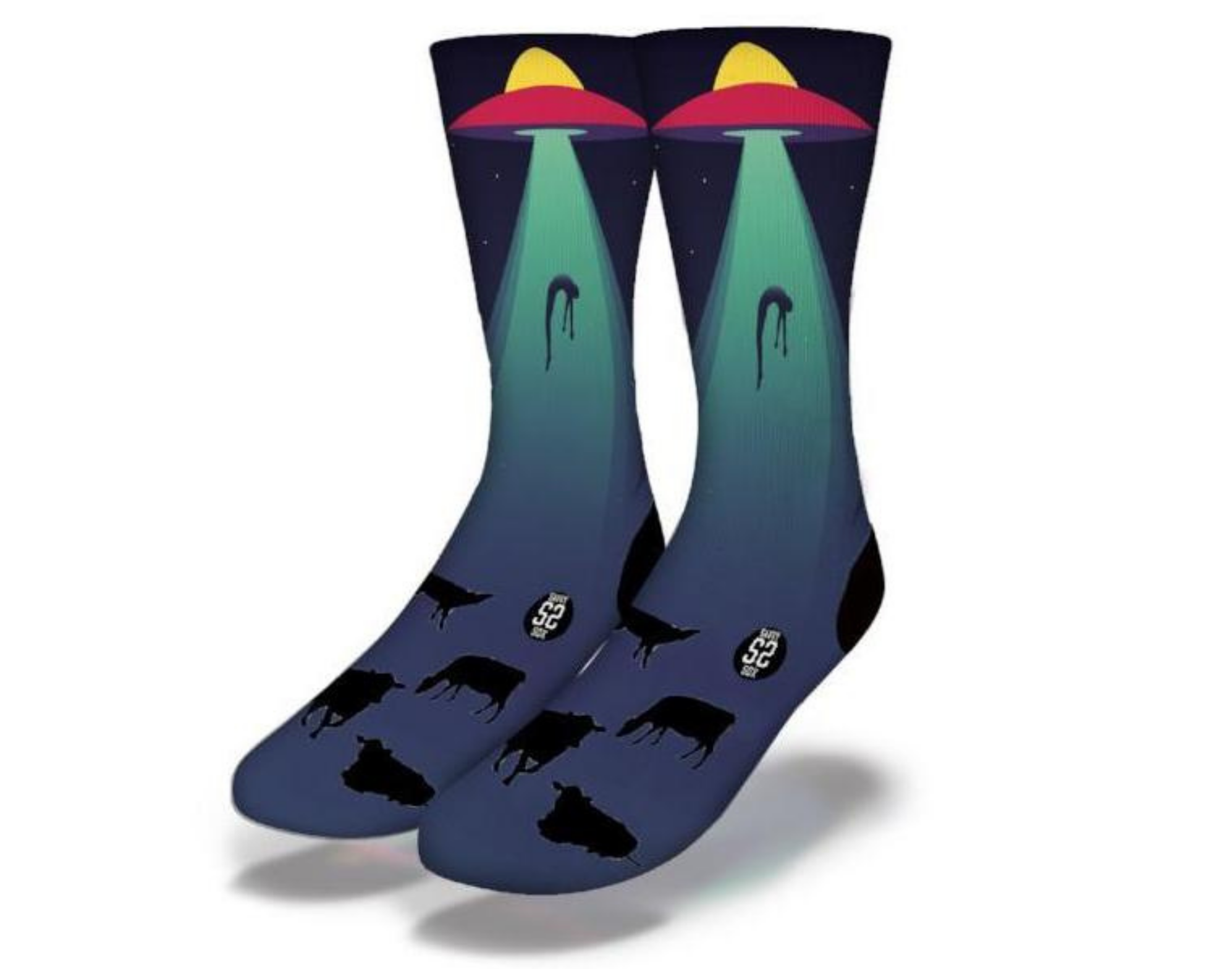 A pair of colorful Alien Abduction Socks featuring playful alien and UFO designs, perfect for quirky fashion lovers.