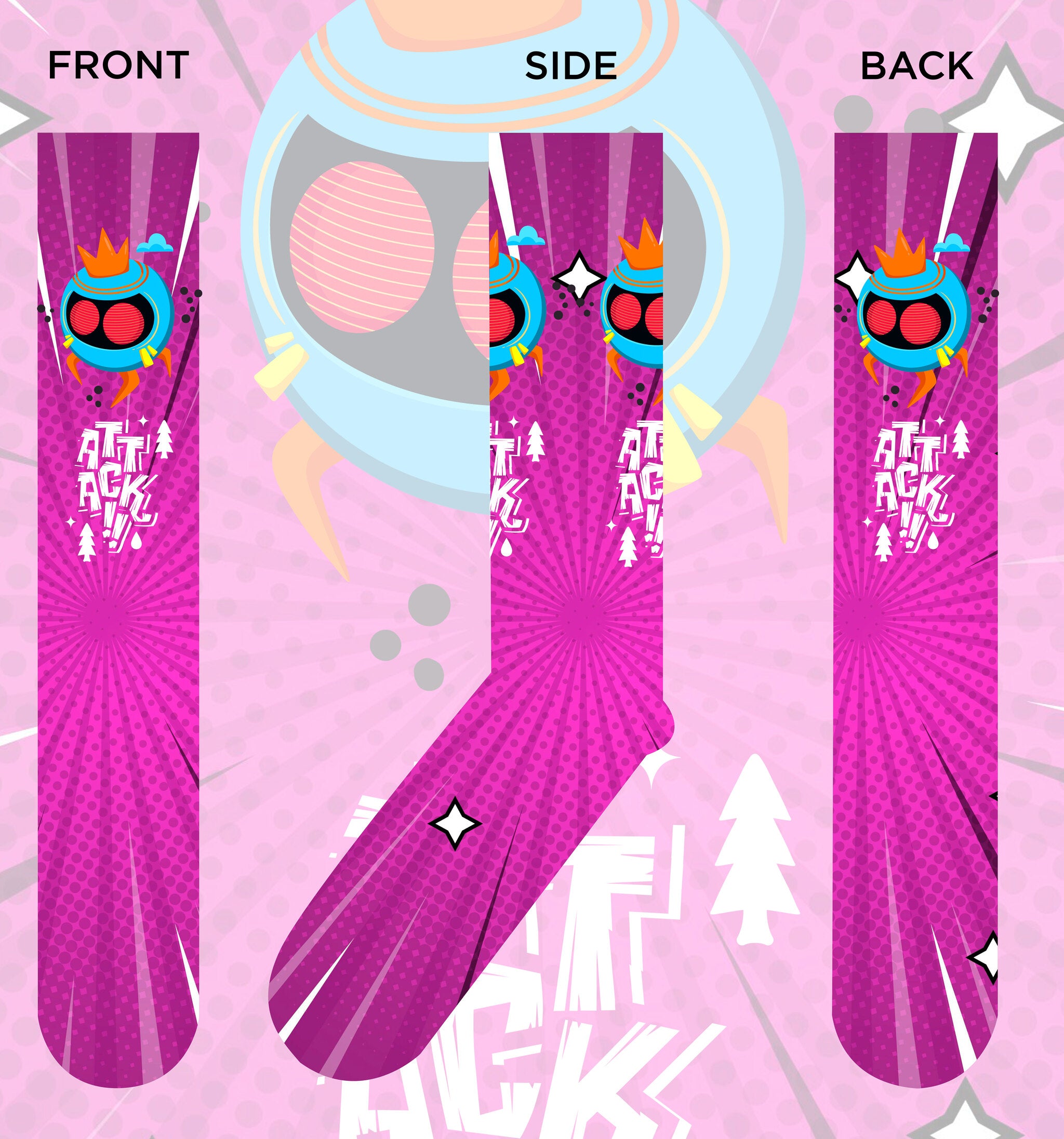 Colorful Alien Attack socks featuring unique designs and patterns, perfect for personal collections and gifts.