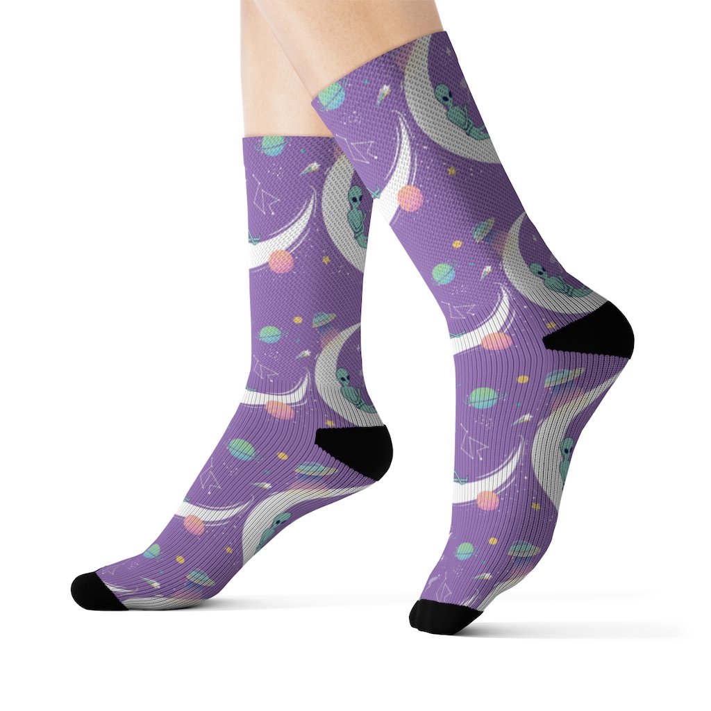 A pair of stylish Alien Chilling Socks featuring a unique alien print, designed for comfort and style.