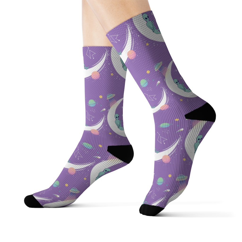 A pair of stylish Alien Chilling Socks featuring a unique alien print, designed for comfort and style.