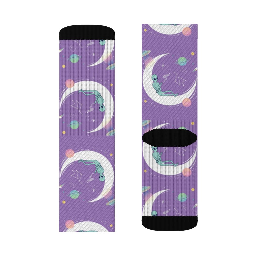 A pair of stylish Alien Chilling Socks featuring a unique alien print, designed for comfort and style.