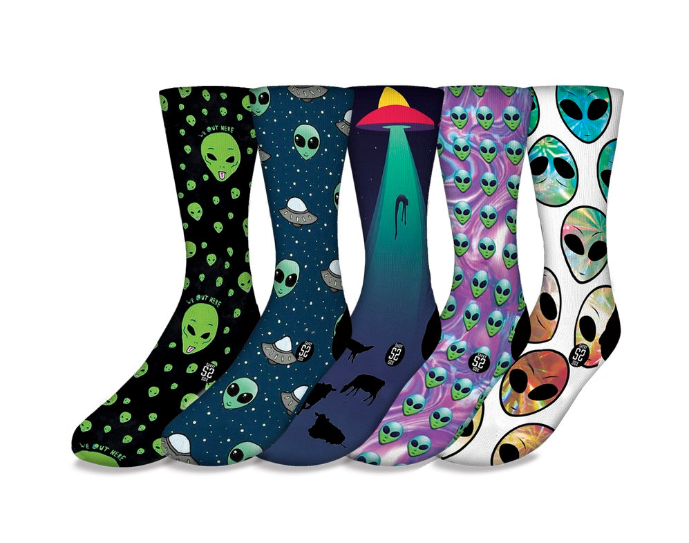 A colorful bundle of five alien-themed socks featuring various designs, perfect for sock lovers and alien enthusiasts.