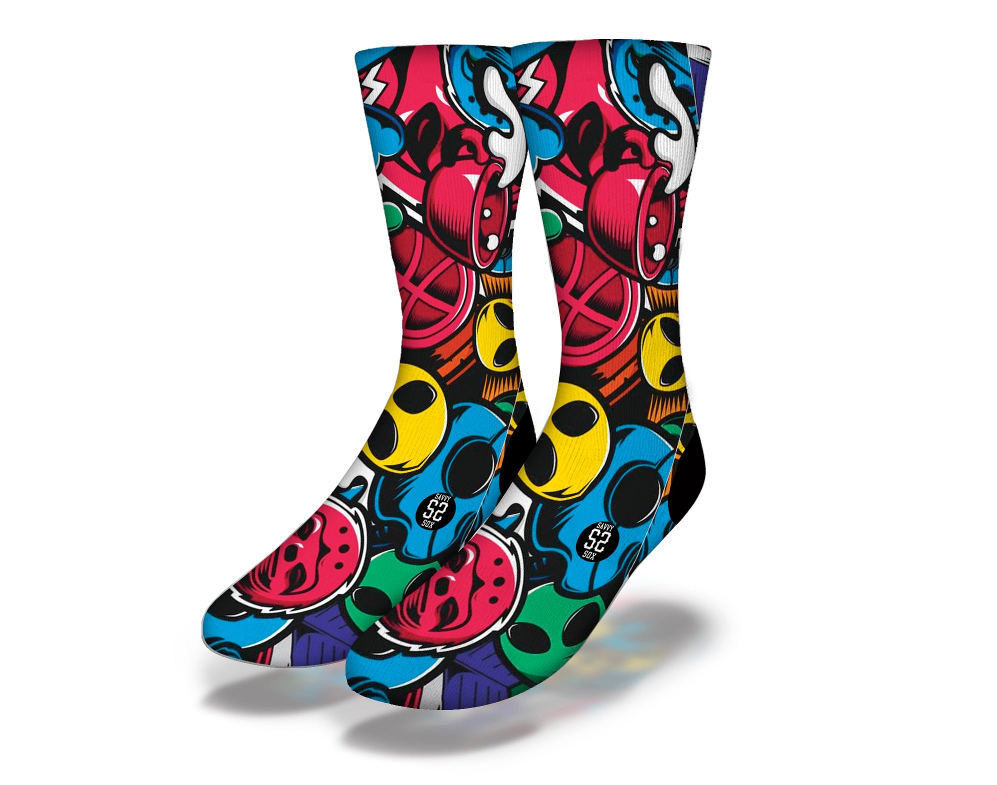 A pair of cozy socks featuring playful alien designs, perfect for sci-fi enthusiasts.