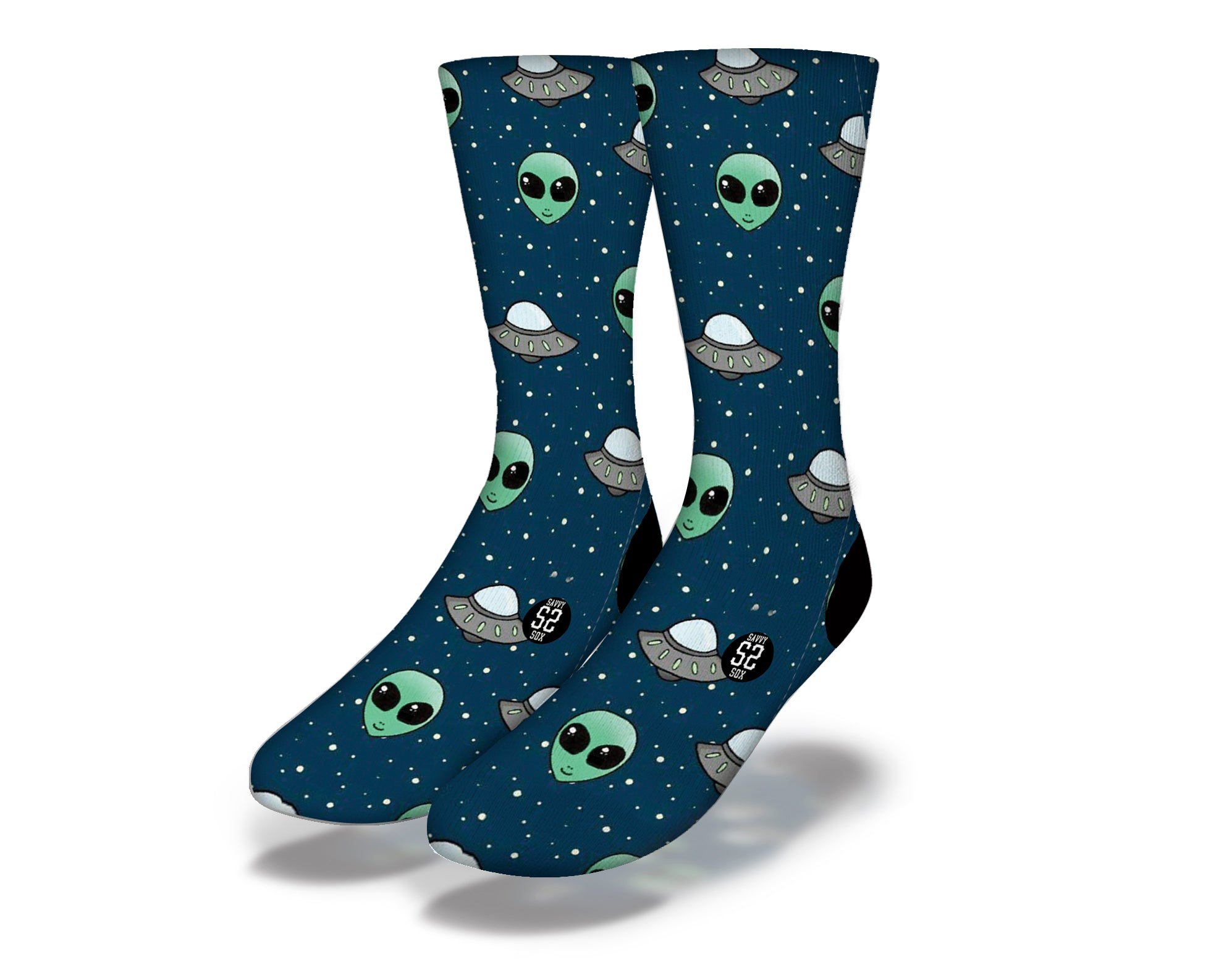 Colorful Aliens and Spaceships Socks featuring playful designs of aliens and spaceships against a vibrant background.