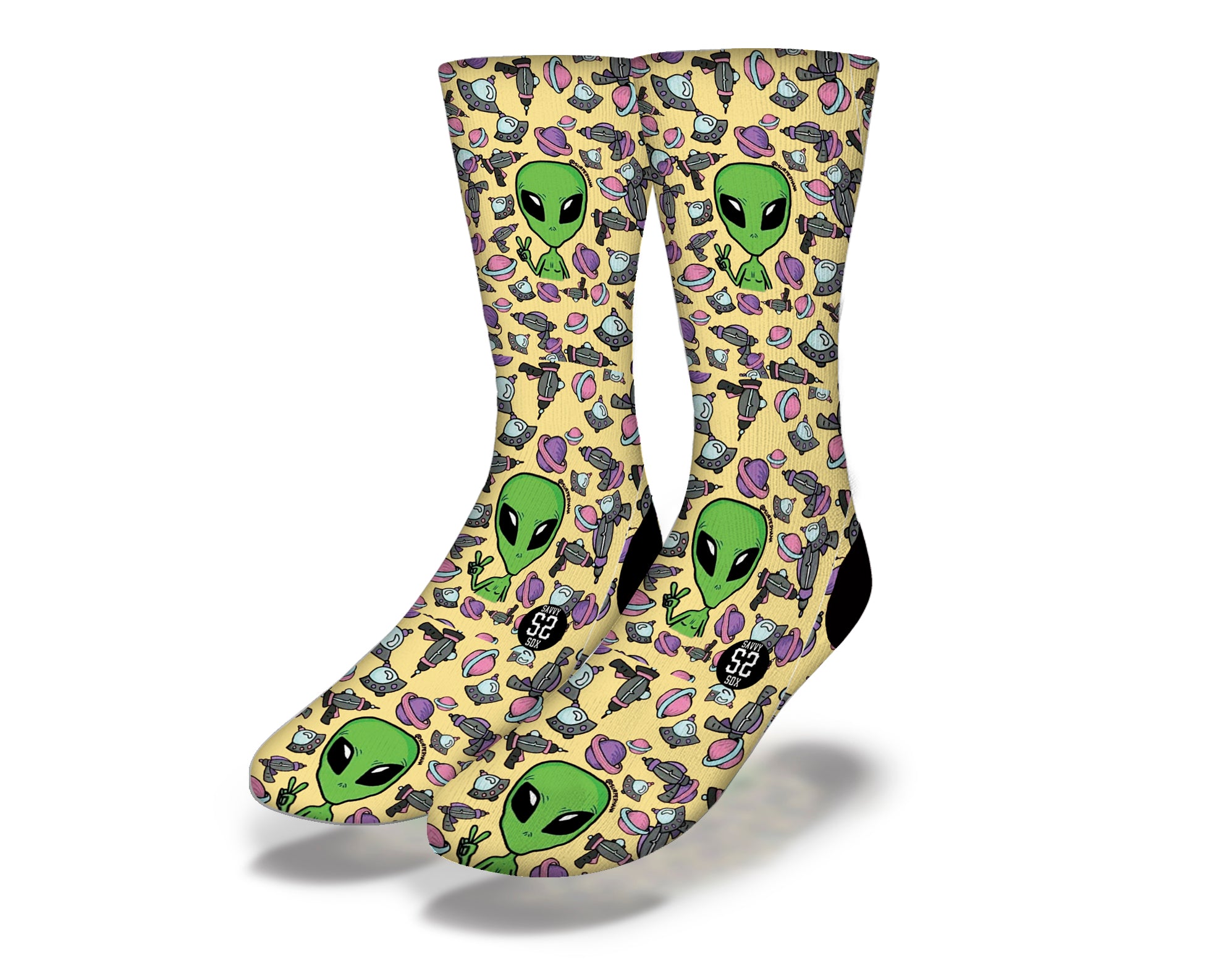 A pair of colorful socks featuring playful aliens peeking out, perfect for sci-fi enthusiasts.