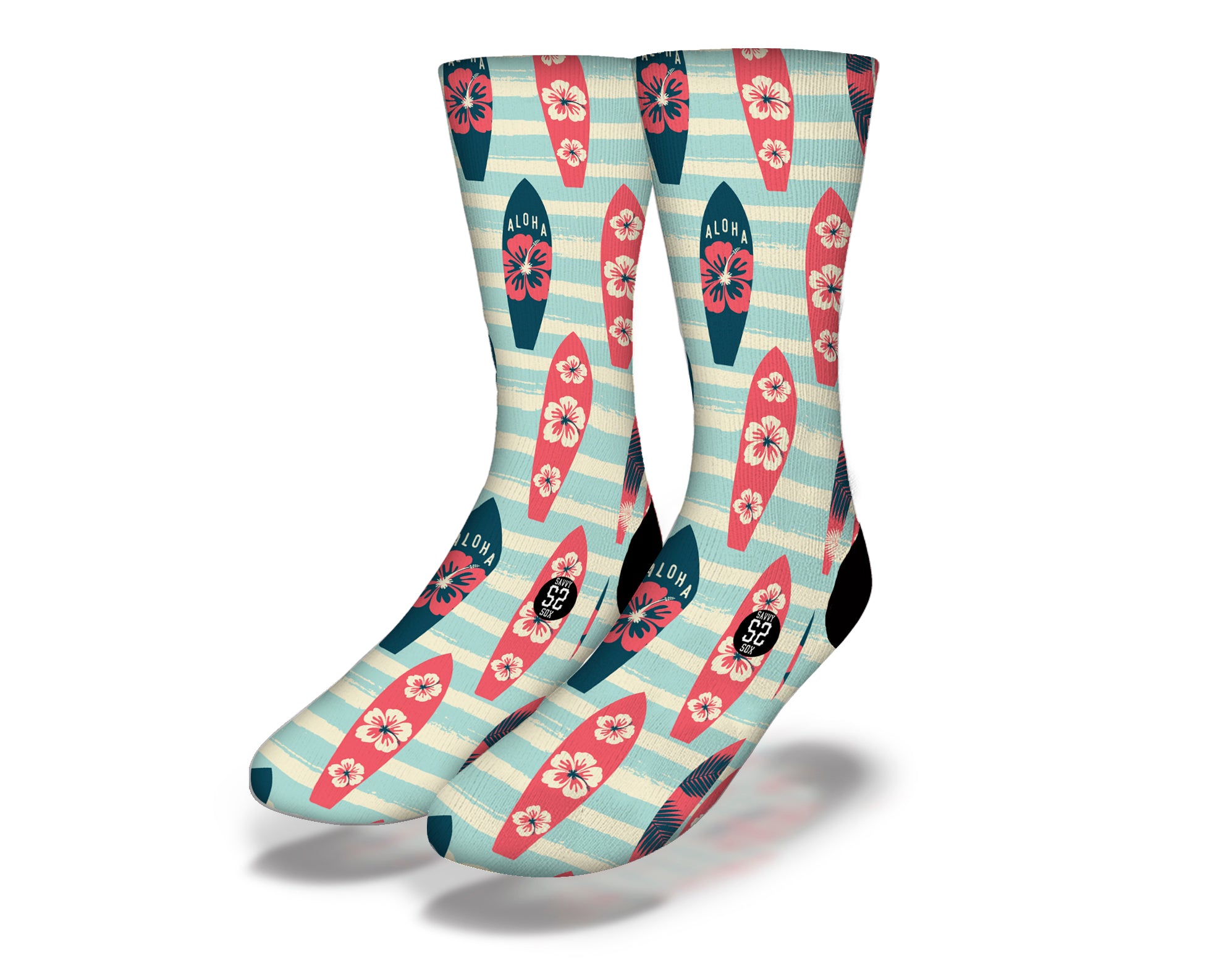 ALOHA RETRO HIBISCUS SURFBOARDS Fun Surfing Socks featuring white hibiscus flowers and coral surfboards on an aqua striped background.