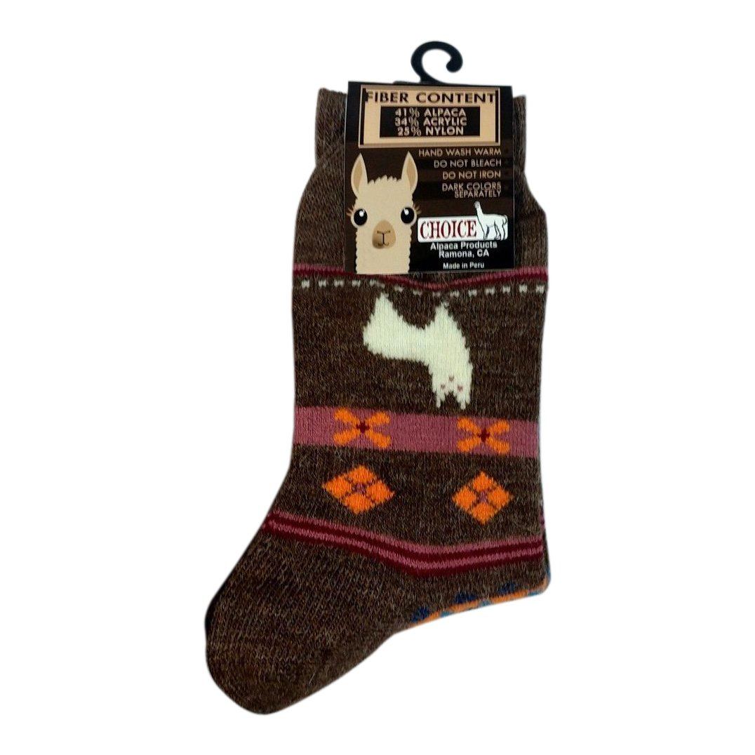 A pair of cozy alpaca watching socks featuring adorable alpaca designs, available in brown, beige, and grey colors, suitable for both adults and children.