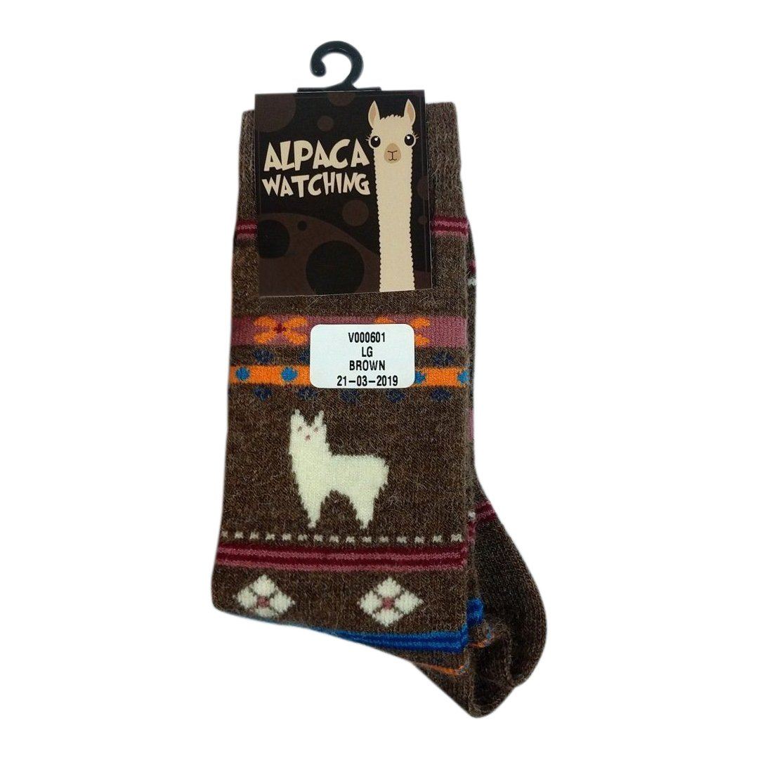 A pair of cozy alpaca watching socks featuring adorable alpaca designs, available in brown, beige, and grey colors, suitable for both adults and children.