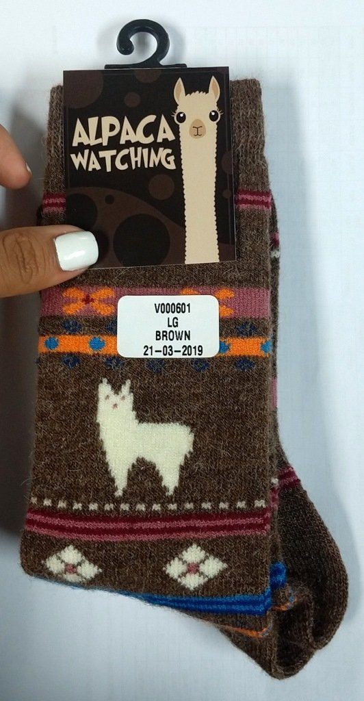 A pair of cozy alpaca watching socks featuring adorable alpaca designs, available in brown, beige, and grey colors, suitable for both adults and children.