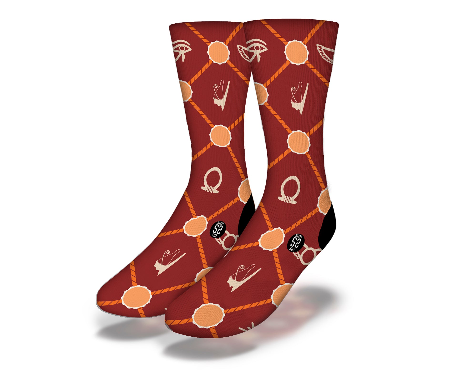 ANCIENT EGYPTIAN SYMBOLS Fun World Socks featuring Eye of Horus, Scarab Beetle, and Cartouche designs in a diamond pattern.