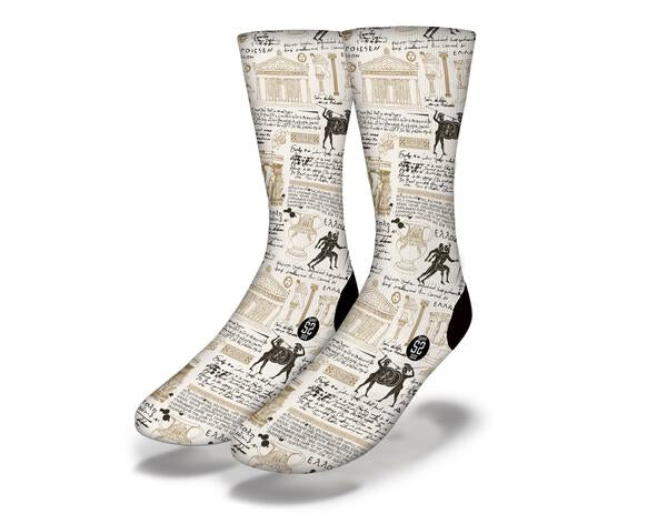 A pair of ANCIENT GREECE Fun Greek Socks featuring intricate designs inspired by Greek mythology and ancient texts.