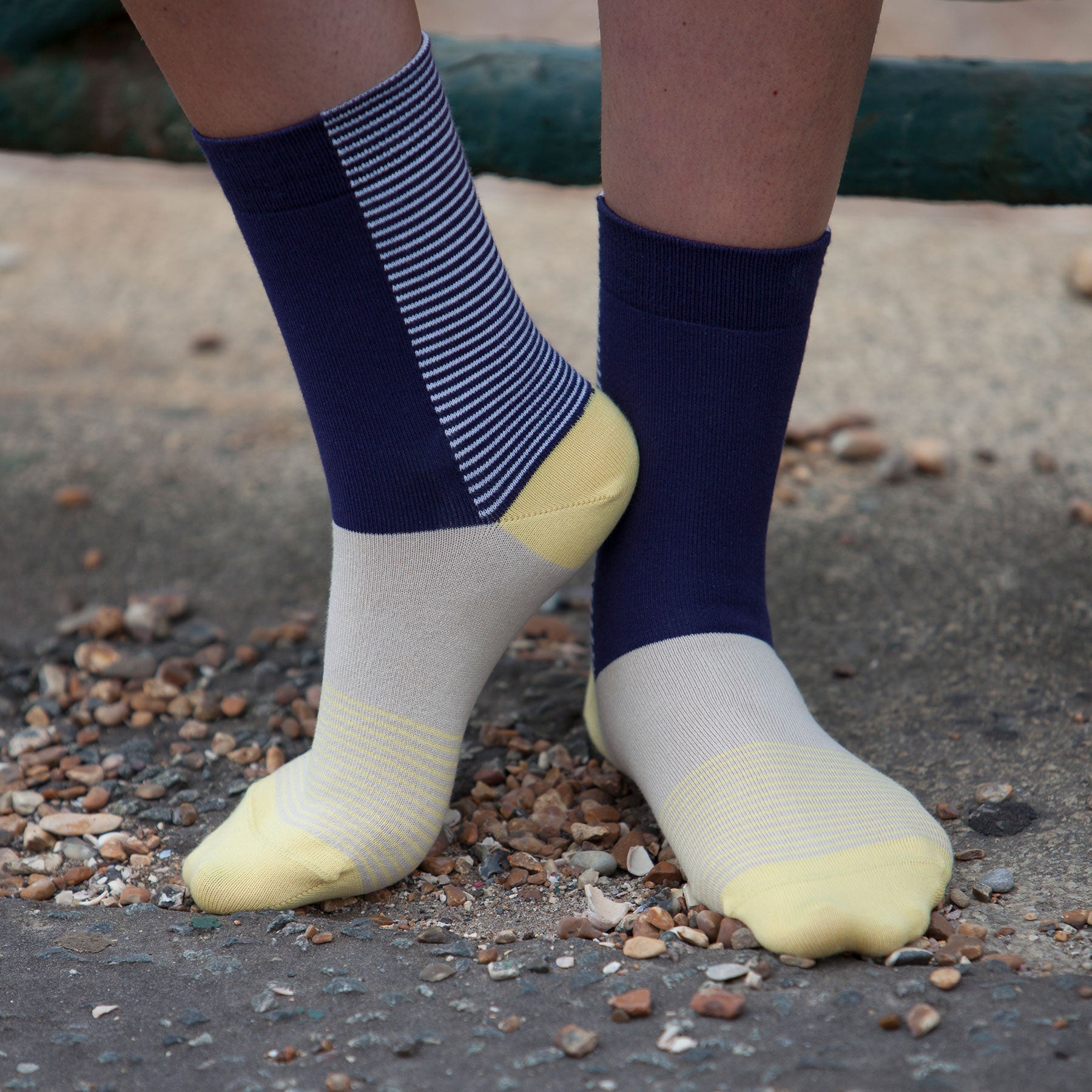 Anne Women's Socks in Buttercup featuring yellow heel and toe with white stripes, showcasing luxury and comfort.