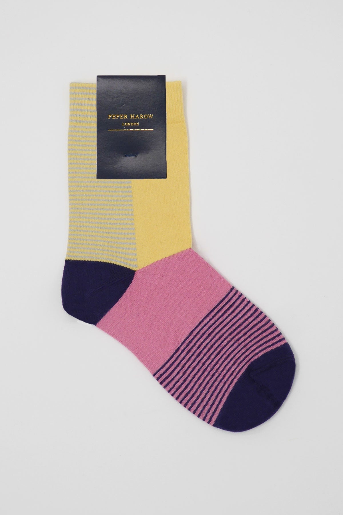 Anne Women's Socks in Daisy design featuring grey stripes and navy heel and toe, made from luxurious Supima cotton.