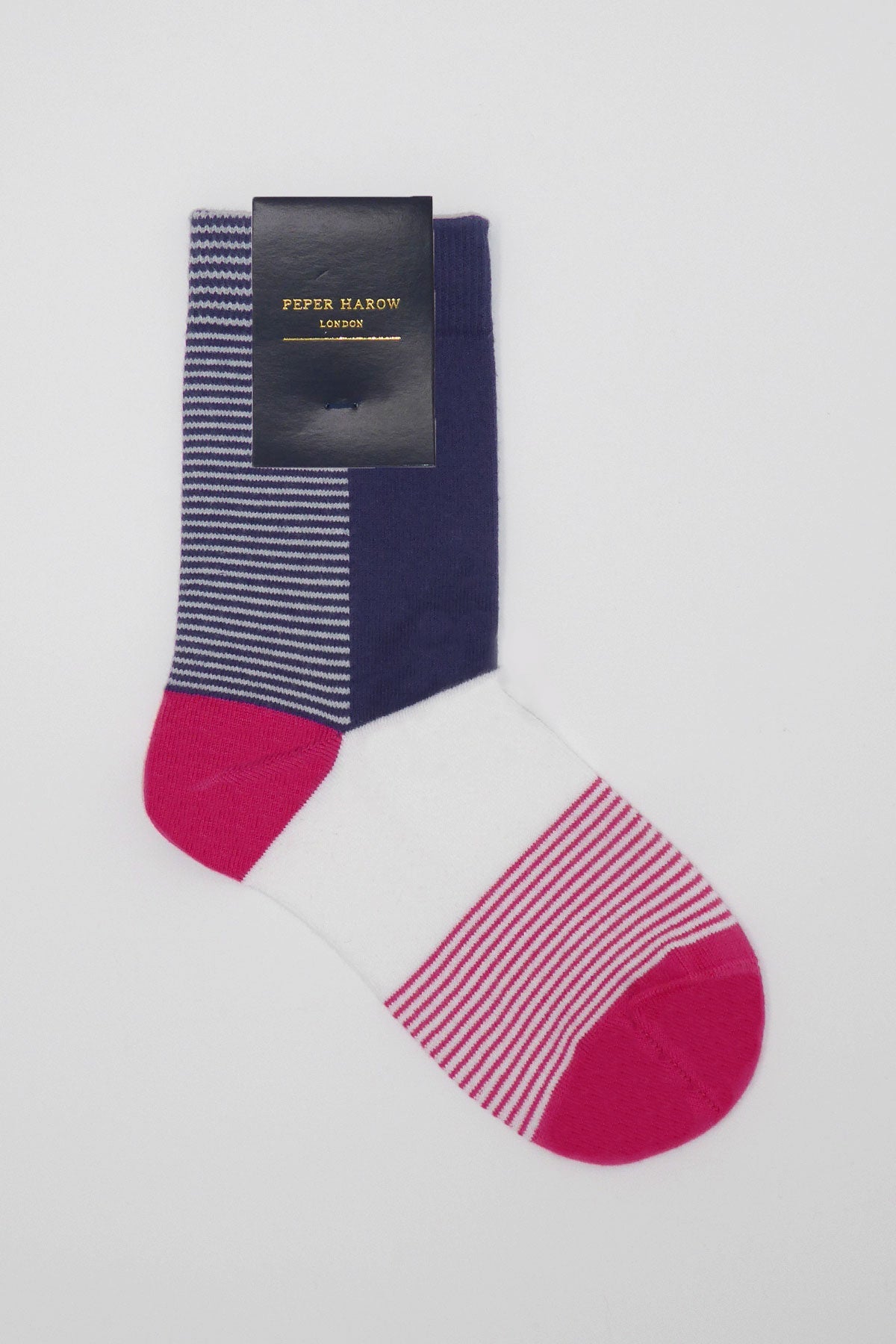 Anne Women's Socks in Navy featuring pink heel and toe with white stripes, showcasing luxury and comfort.