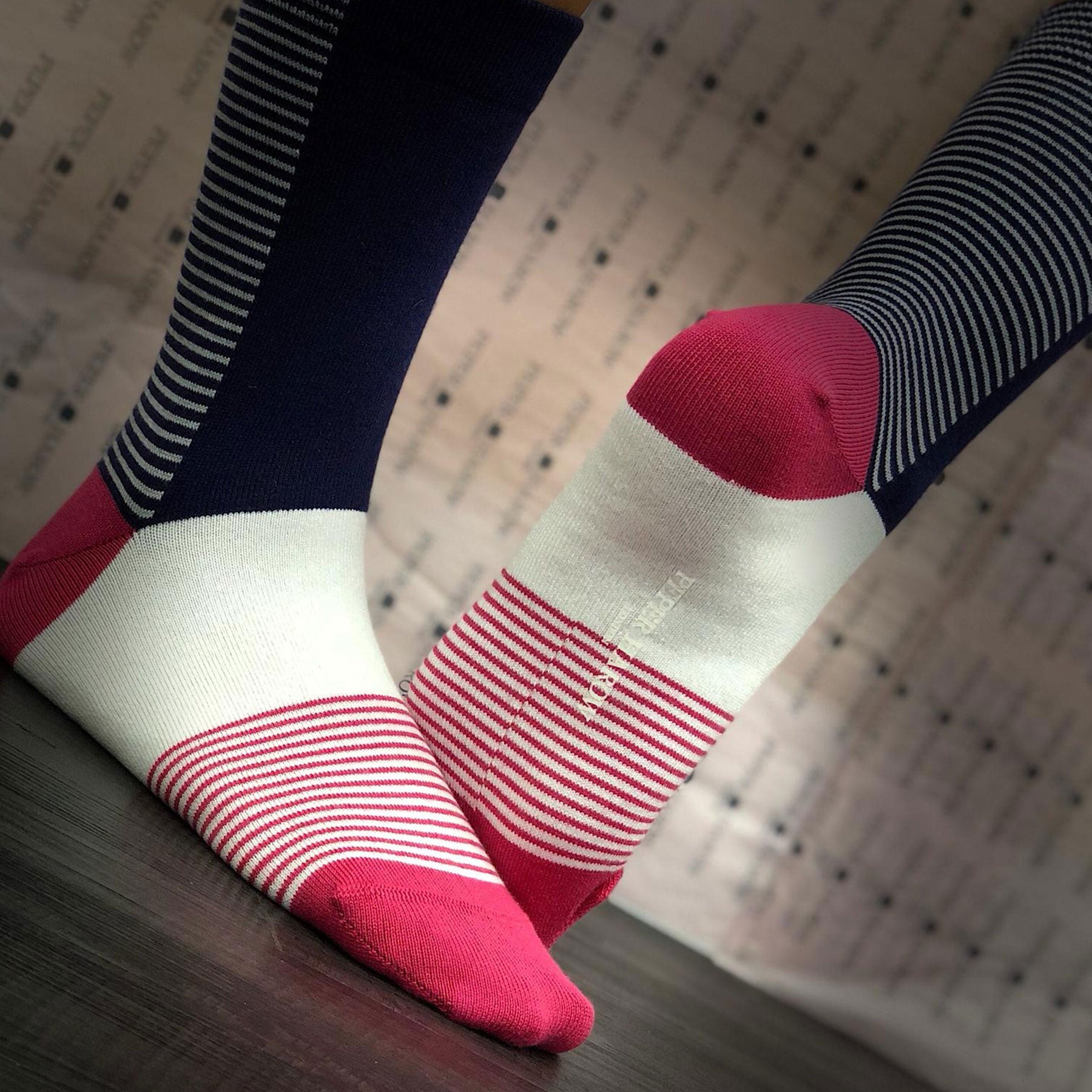 Anne Women's Socks in Navy featuring pink heel and toe with white stripes, showcasing luxury and comfort.