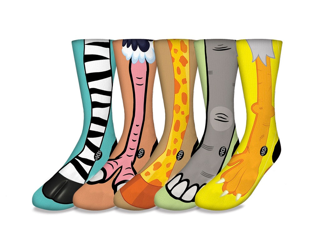 A vibrant collection of five animal feet prints showcasing various animal tracks, perfect for home decor.