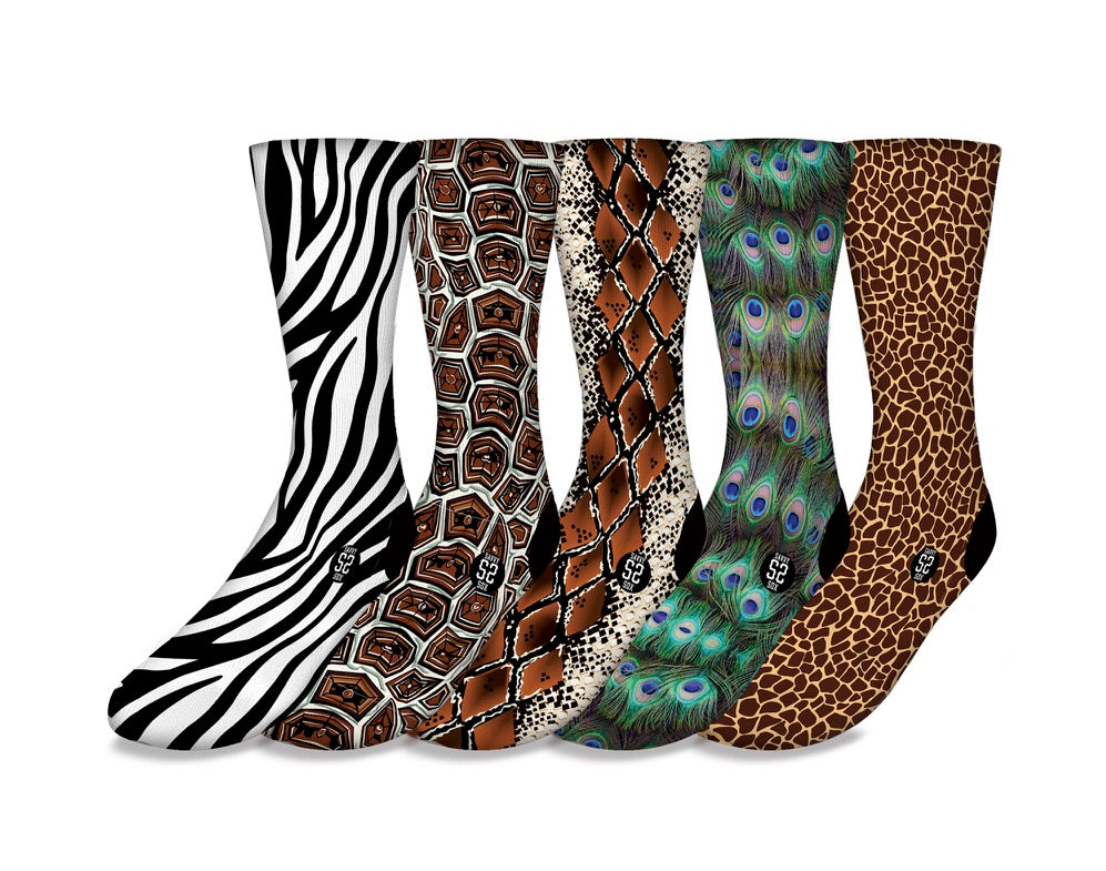 A vibrant collection of five animal print designs including Peacock, Turtle Shell, Leopard, Zebra, and Snakeskin, showcasing their unique patterns.