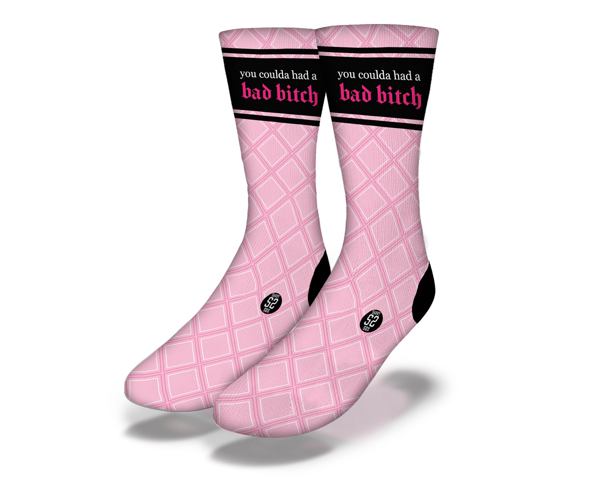 A pair of stylish Bad Bitch socks featuring bold lettering and a trendy design, perfect for expressing confidence.