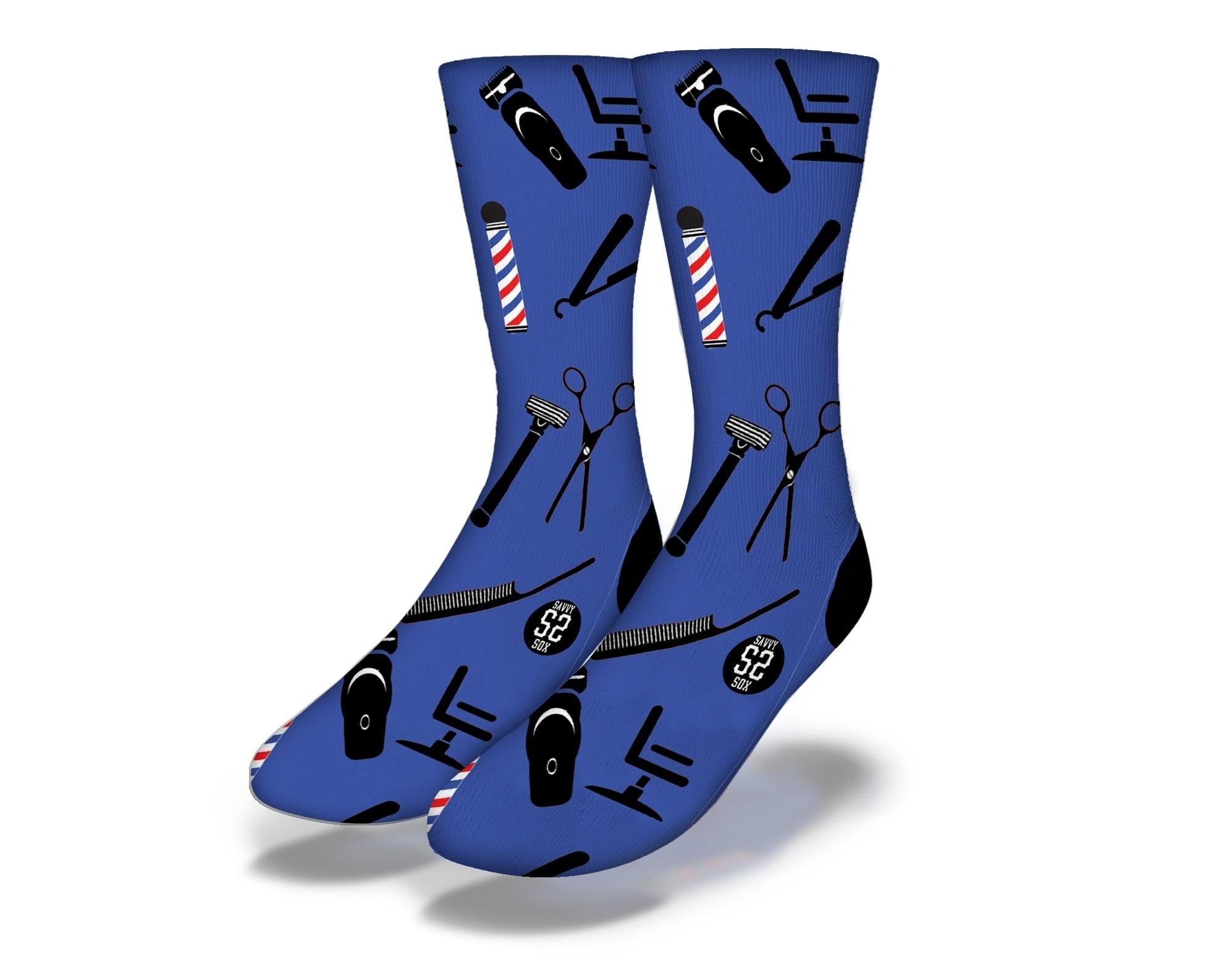 Blue Barber Shop Socks featuring barber clippers, poles, and chairs designs, perfect for barbers and barber enthusiasts.