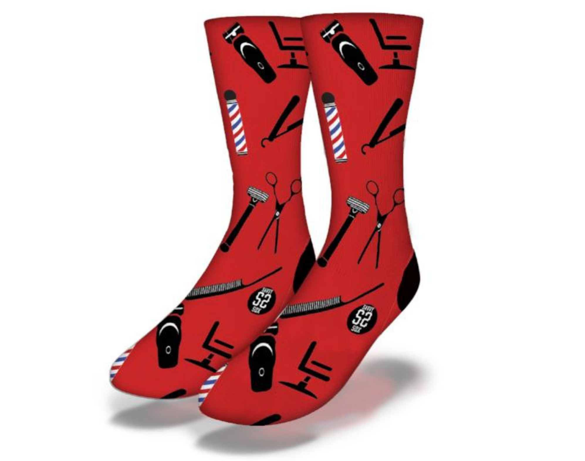 Red Barber Shop Socks featuring barber clippers, poles, and chairs design, perfect for barber enthusiasts.