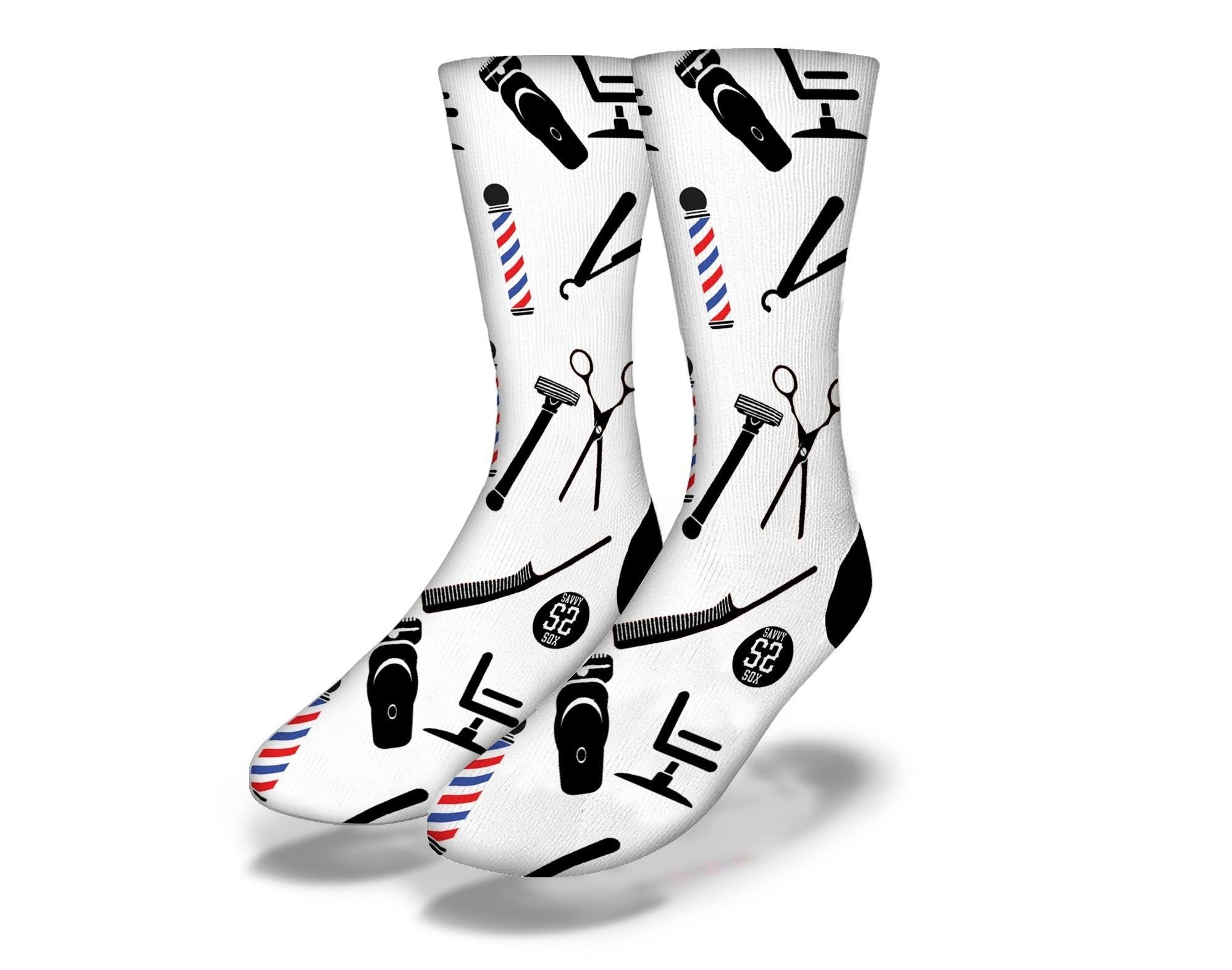 White Barber Shop Socks featuring barber clippers, poles, and chairs designs, perfect for barbers and barber enthusiasts.