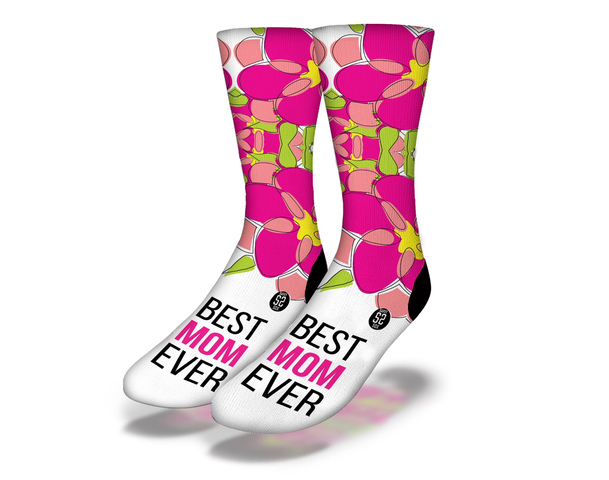 BEST MOM EVER Pink Floral Socks featuring a vibrant pink and green floral design, perfect for Mother's Day gifts.