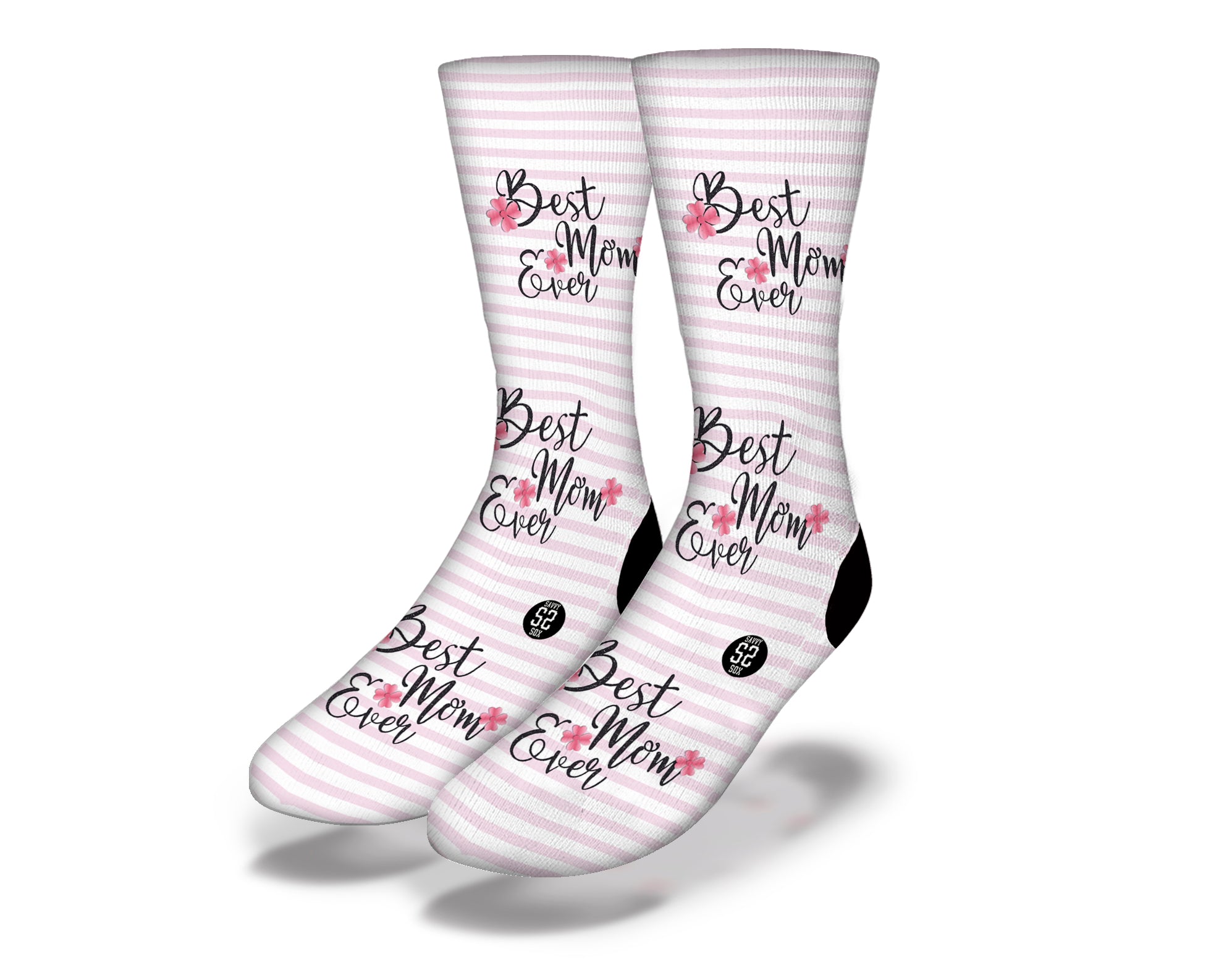 BEST MOM EVER pink striped socks featuring a fun and vibrant design, perfect for Mother's Day gifts.