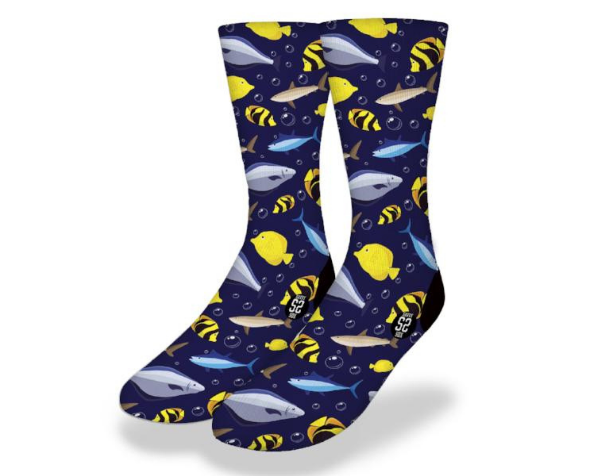 Colorful BIG CATCH! Fun Fish Socks featuring marine life patterns including fish, whales, and sharks on a navy blue background.