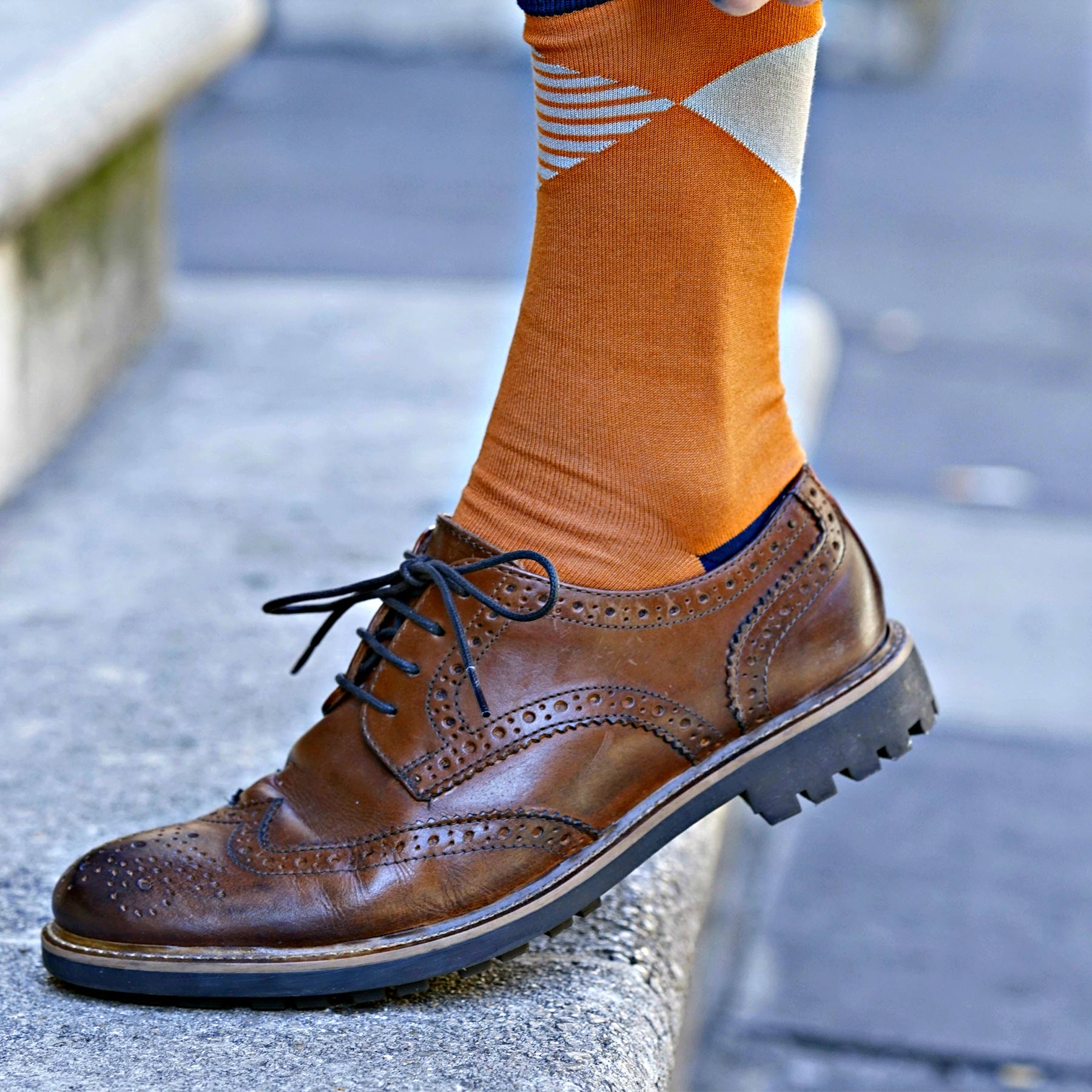 Big Diamond Men's Socks in orange with grey diamond patterns, showcasing luxury and style.