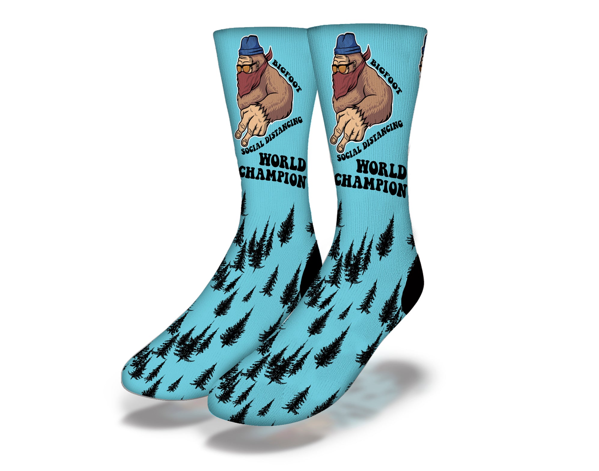 A pair of blue funny socks featuring a Sasquatch design, promoting social distancing during quarantine.