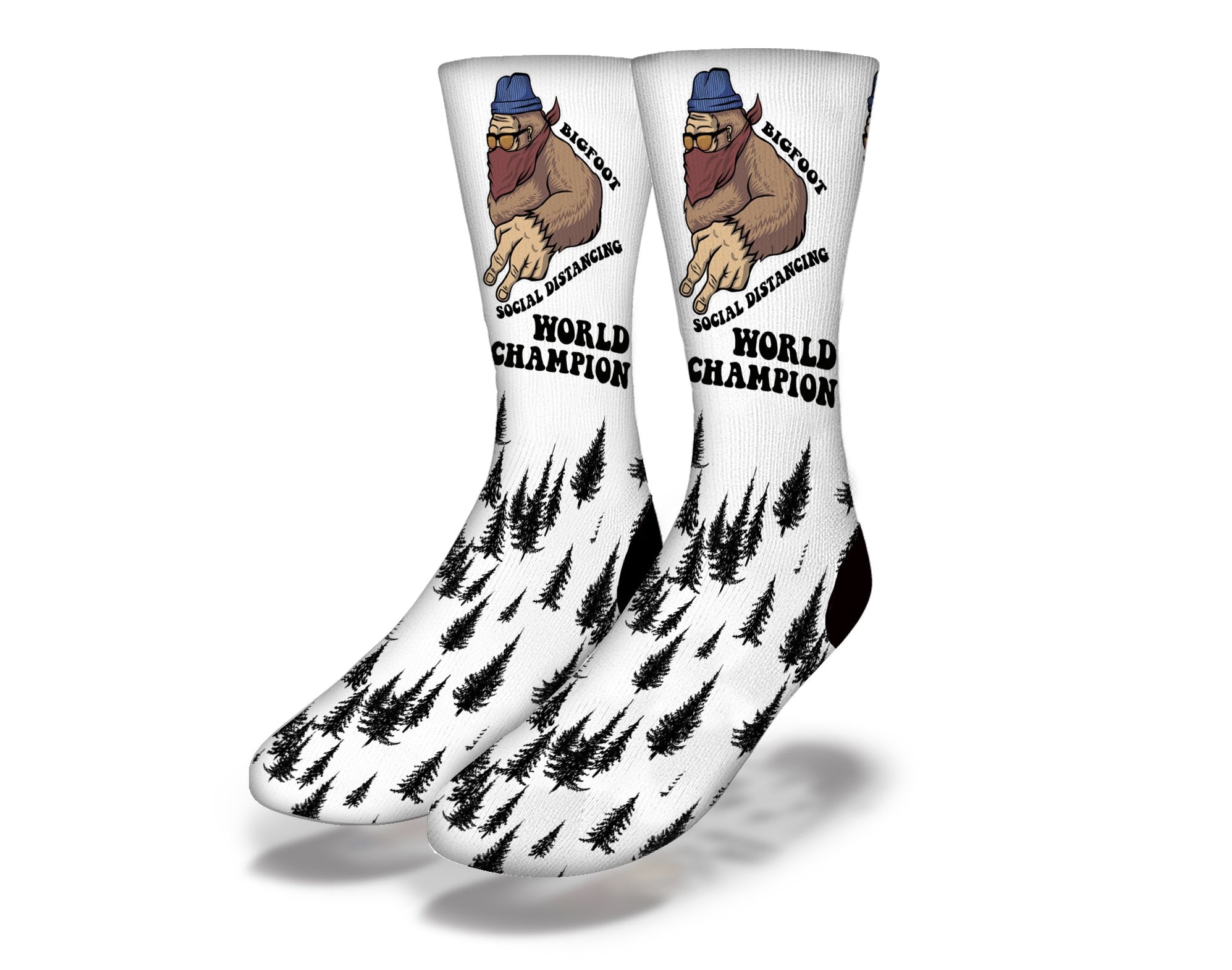 BIGFOOT SOCIAL DISTANCING CHAMPION Funny Quarantine Socks featuring Sasquatch design, perfect for humor and comfort during lockdown.