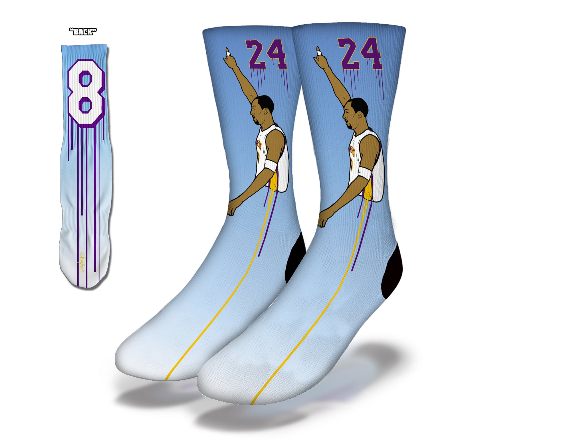 BLACK MAMBA OUT Fun Basketball Socks featuring a vibrant blue gradient design, perfect for sports fans and athletes.