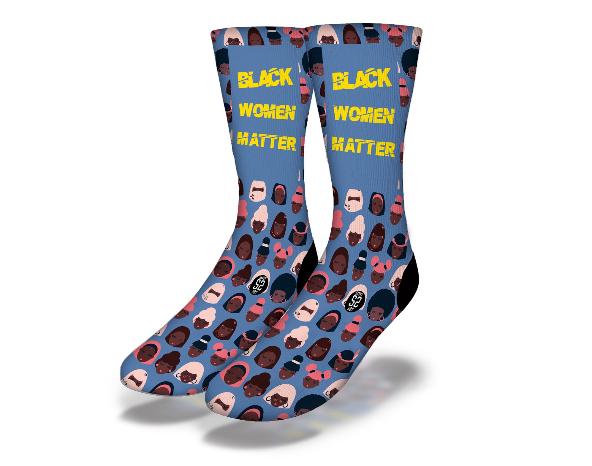 A pair of Black Women Matter Socks featuring empowering designs, made from quality polyblend fabric, showcasing support for the Black Lives Matter movement.