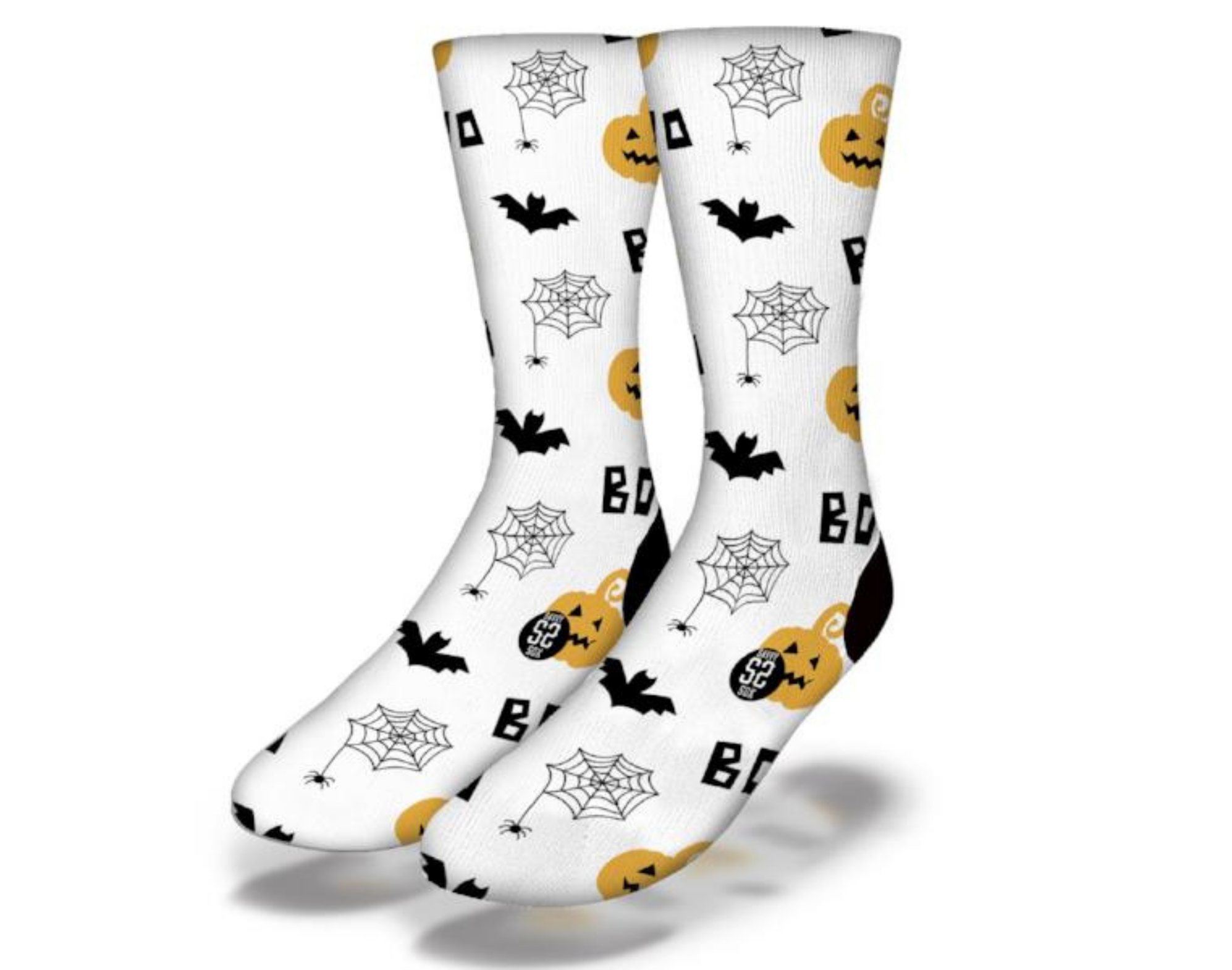 Colorful Halloween socks featuring bats, spiders, and pumpkins, perfect for festive celebrations.