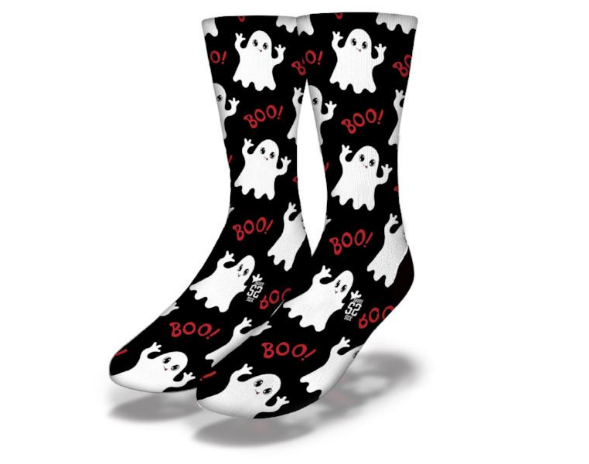 A pair of BOO WHO? Funny Halloween Style Ghost Socks featuring playful ghost designs, perfect for Halloween celebrations.