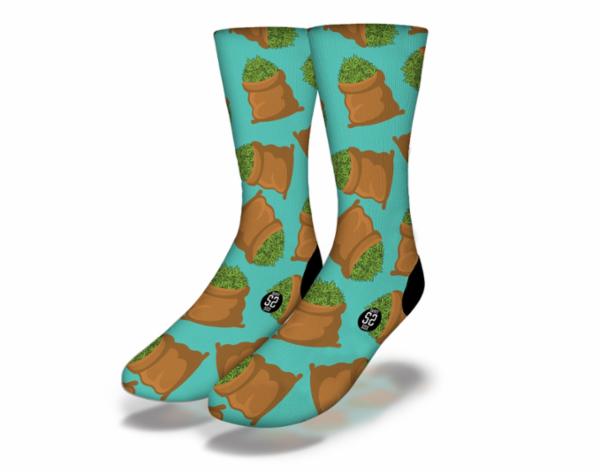 BULK WEED BAGS Fun Weed Socks in Teal featuring a vibrant marijuana pot leaf design, perfect for stoners.