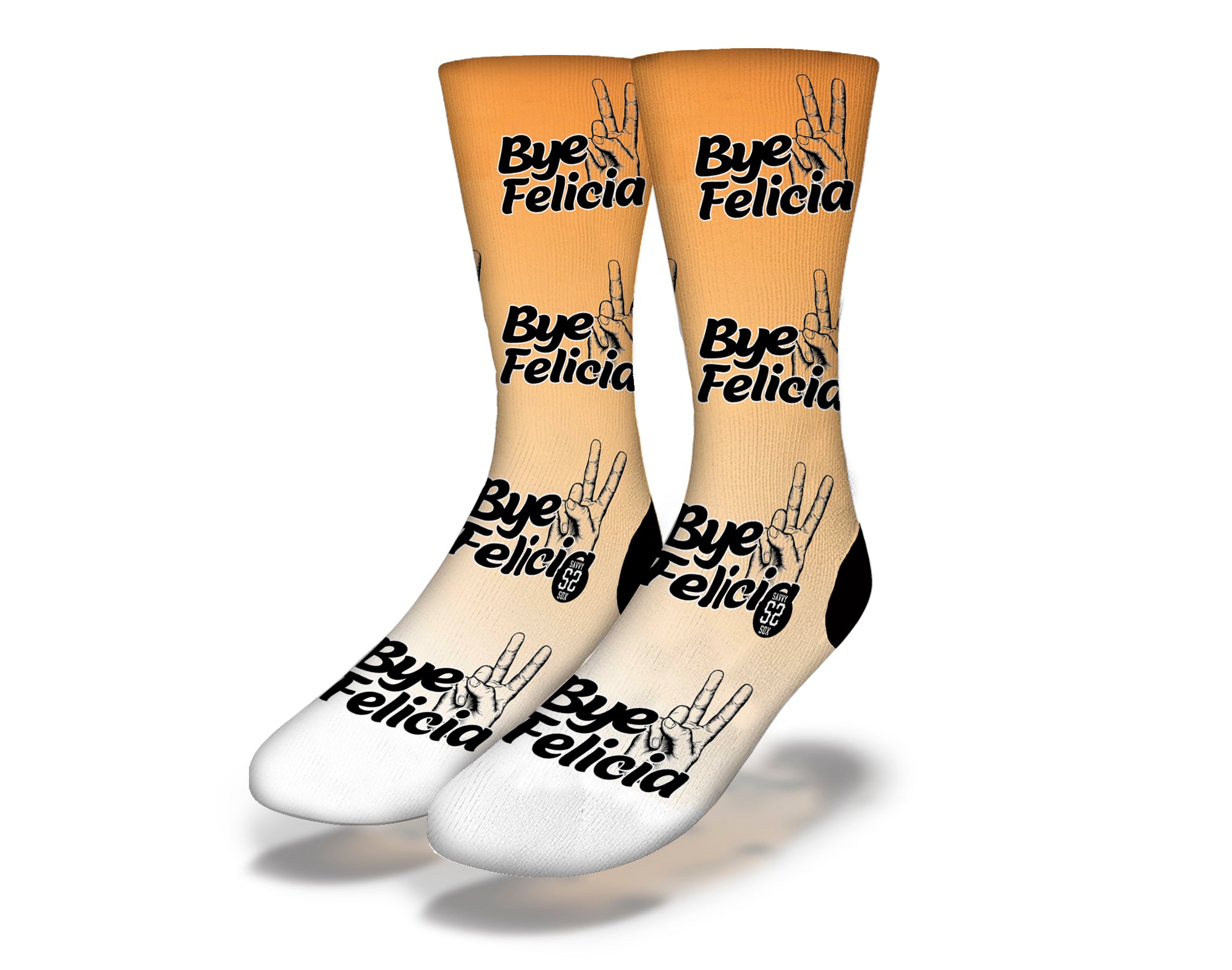 A pair of stylish Bye Felicia Socks featuring a playful design with the phrase 'Bye Felicia' in vibrant colors, perfect for adding flair to any outfit.