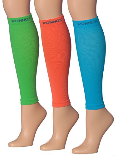 Ronnox Calf Compression Sleeves in vibrant colors, designed for athletic performance and medical recovery, showcasing their soft neoprene fabric.