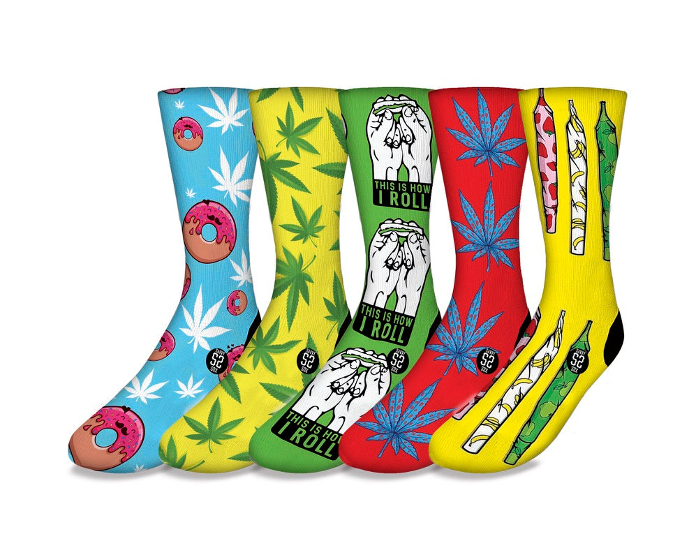 A colorful display of five cannabis-themed socks in various designs, showcasing vibrant colors and patterns.