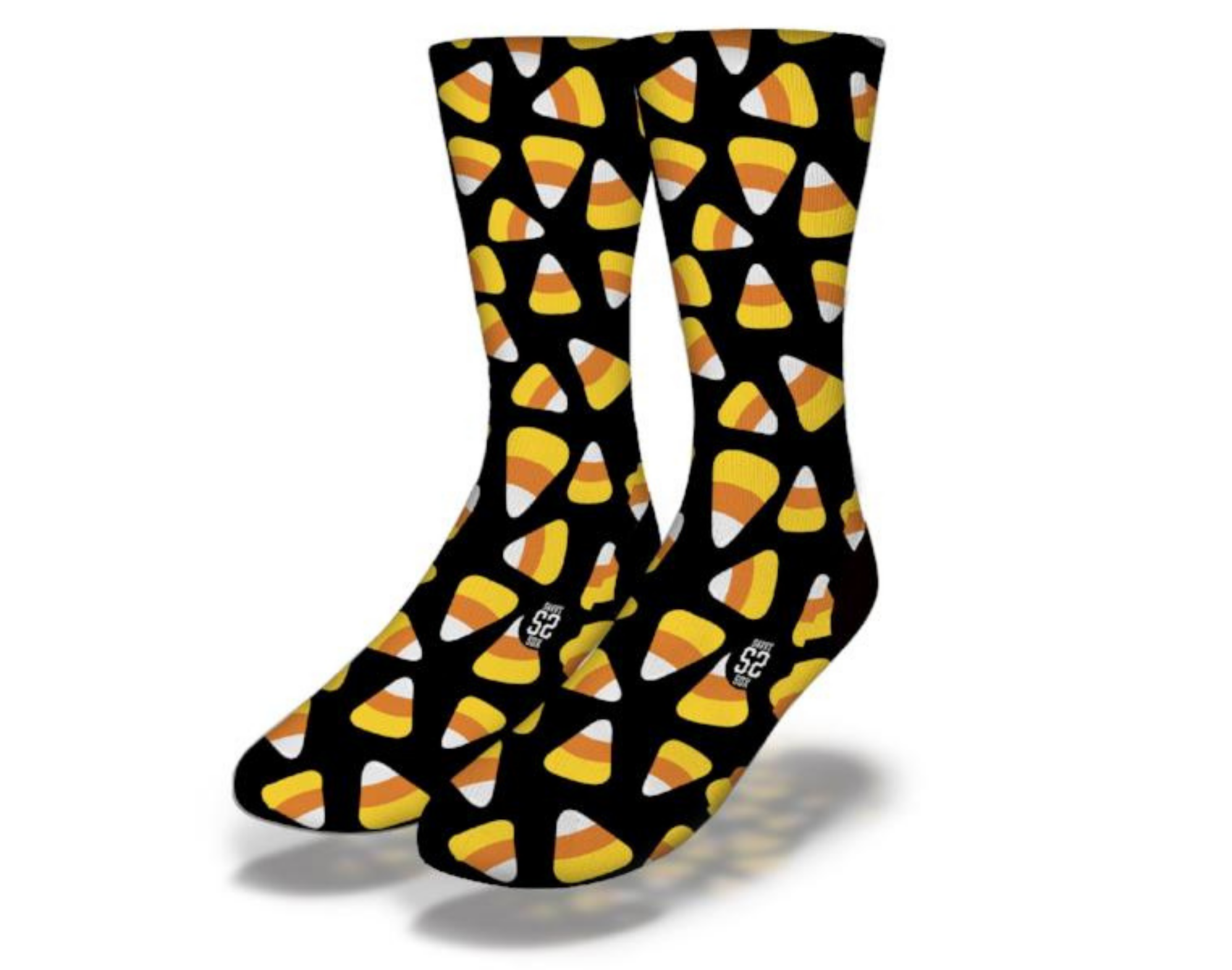 A pair of colorful CANDY CORN Fun Halloween Socks featuring a playful candy corn design, perfect for Halloween festivities.