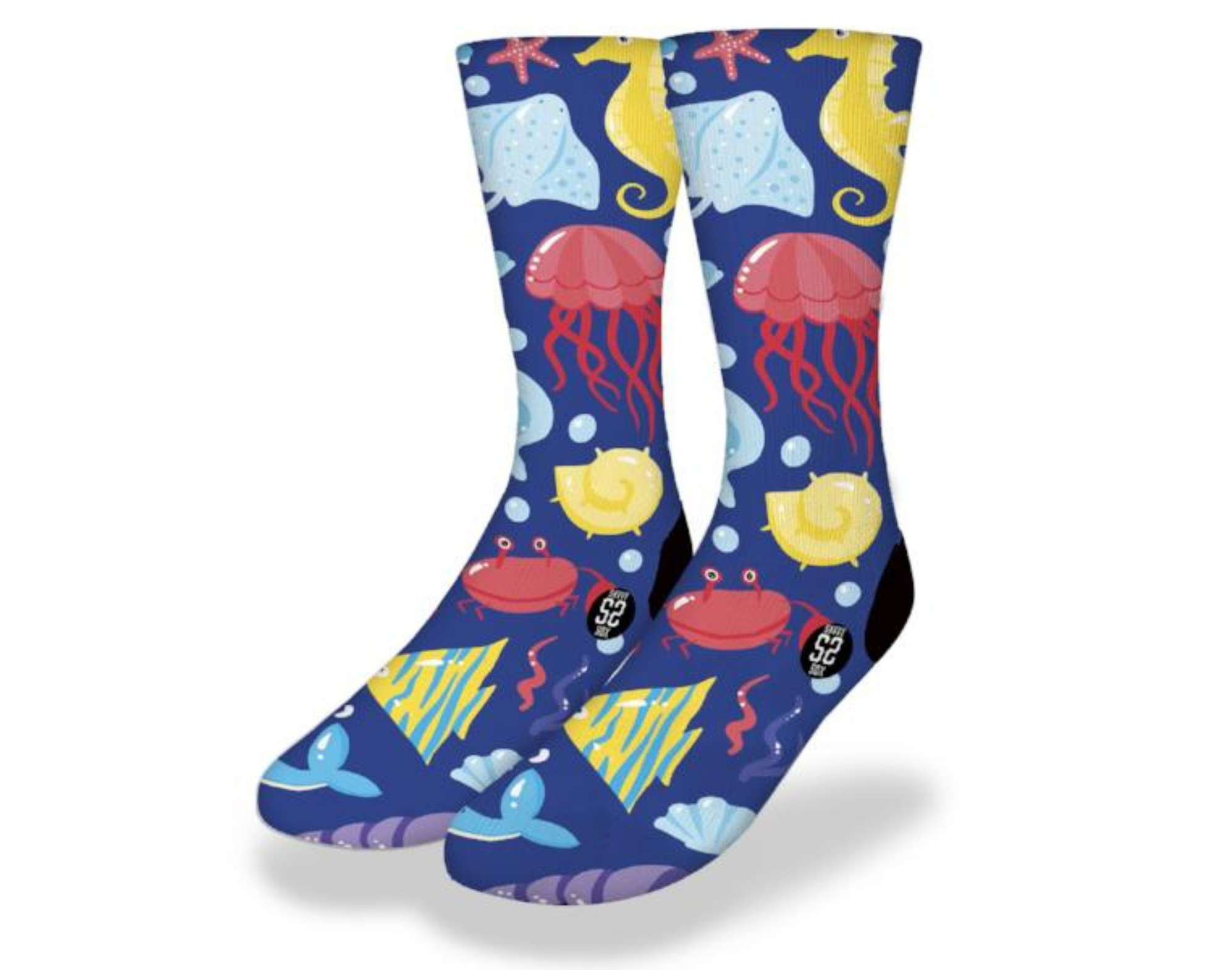 Colorful Cartoon Sea Life Fun Fish Socks featuring marine creatures like manta rays, seahorses, and starfish.