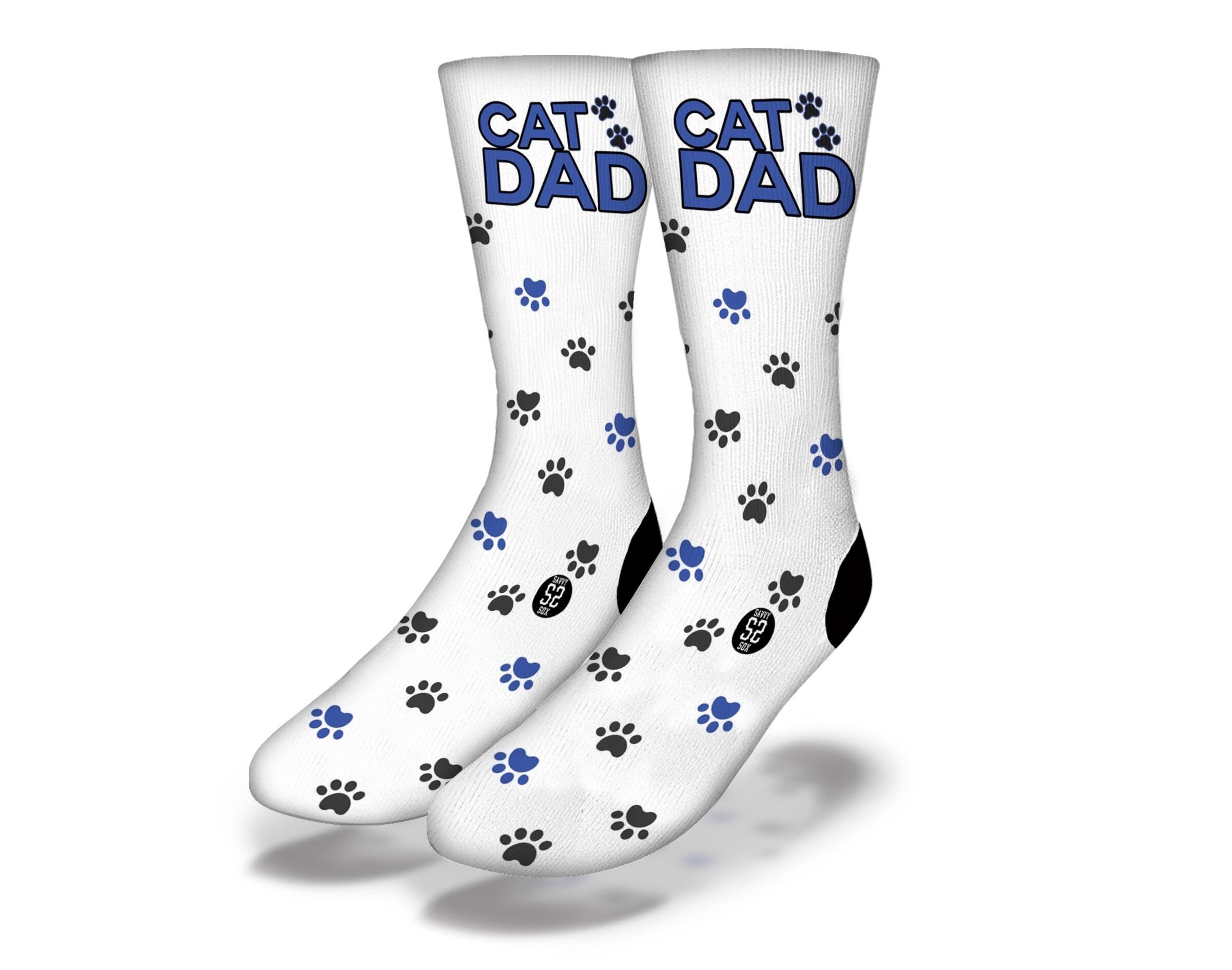 A pair of CAT DAD Cute Paw Print Animal Socks featuring playful paw prints climbing up the leg, perfect for cat-loving dads.