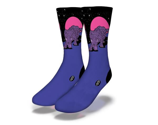 CHEETAH MOONLIGHT HUNTER Fun Animal Socks featuring a vibrant cheetah design under a magenta moonlight.