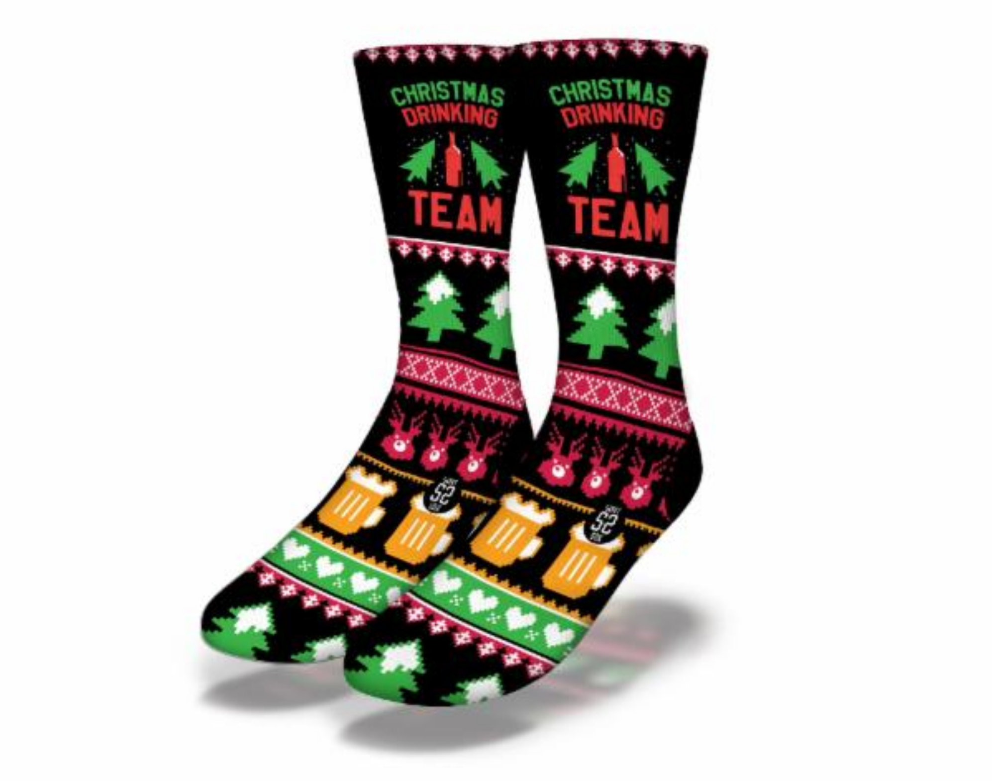 Funny black Christmas socks featuring reindeer, hot toddies, and Christmas trees, perfect for holiday celebrations.