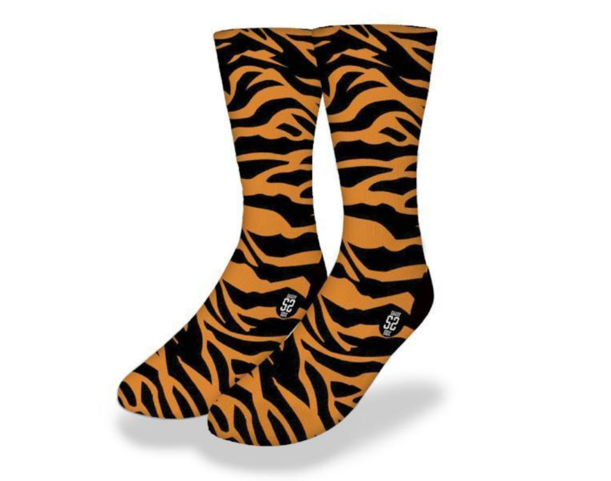 A pair of vibrant orange and black striped socks designed with a classic tiger stripe pattern, perfect for animal lovers and fashion enthusiasts.