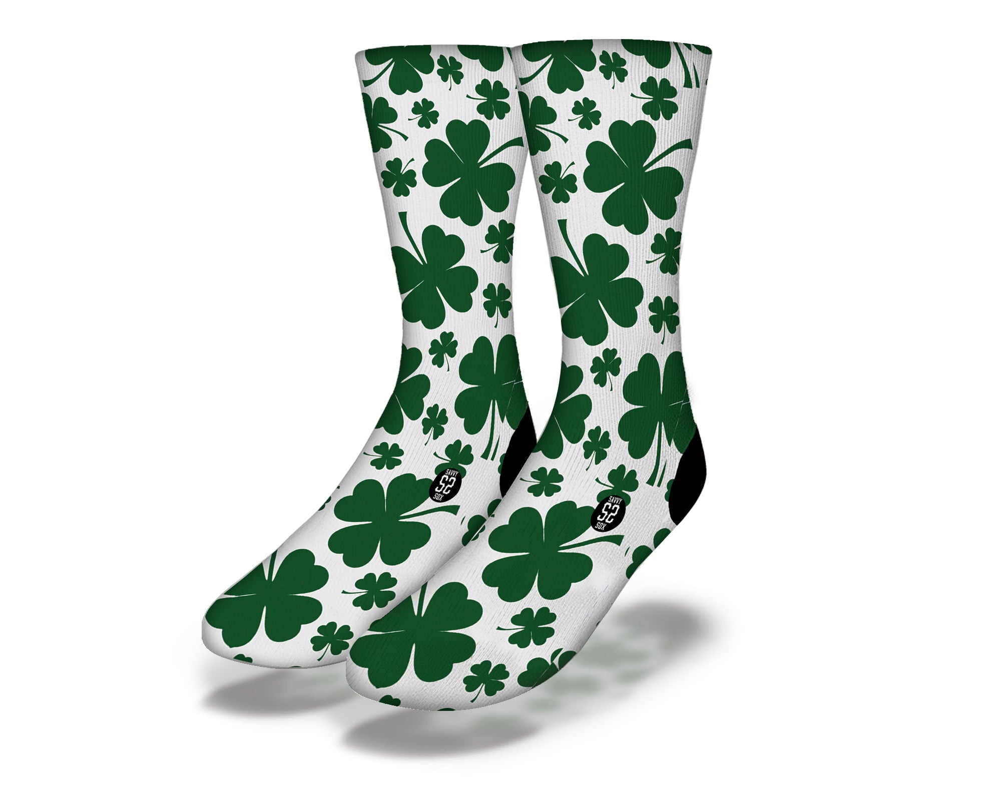 CLOVER ATTACK Funny St Patrick's Day Socks featuring vibrant green four-leaf clovers, perfect for festive celebrations.