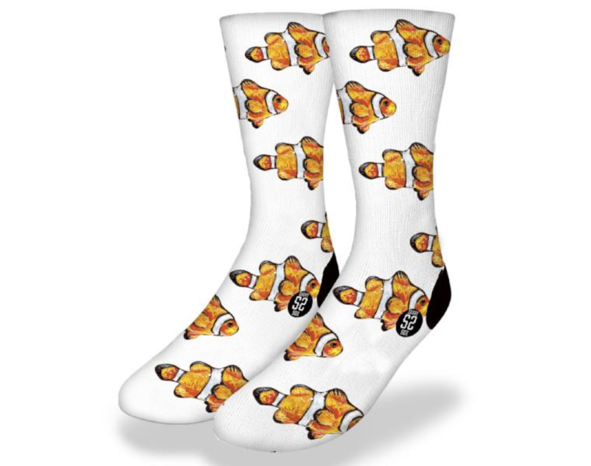 CLOWN SCHOOL Fun Fish Socks featuring bright orange clown fish in a playful pattern, perfect for beach lovers and aquatic adventures.