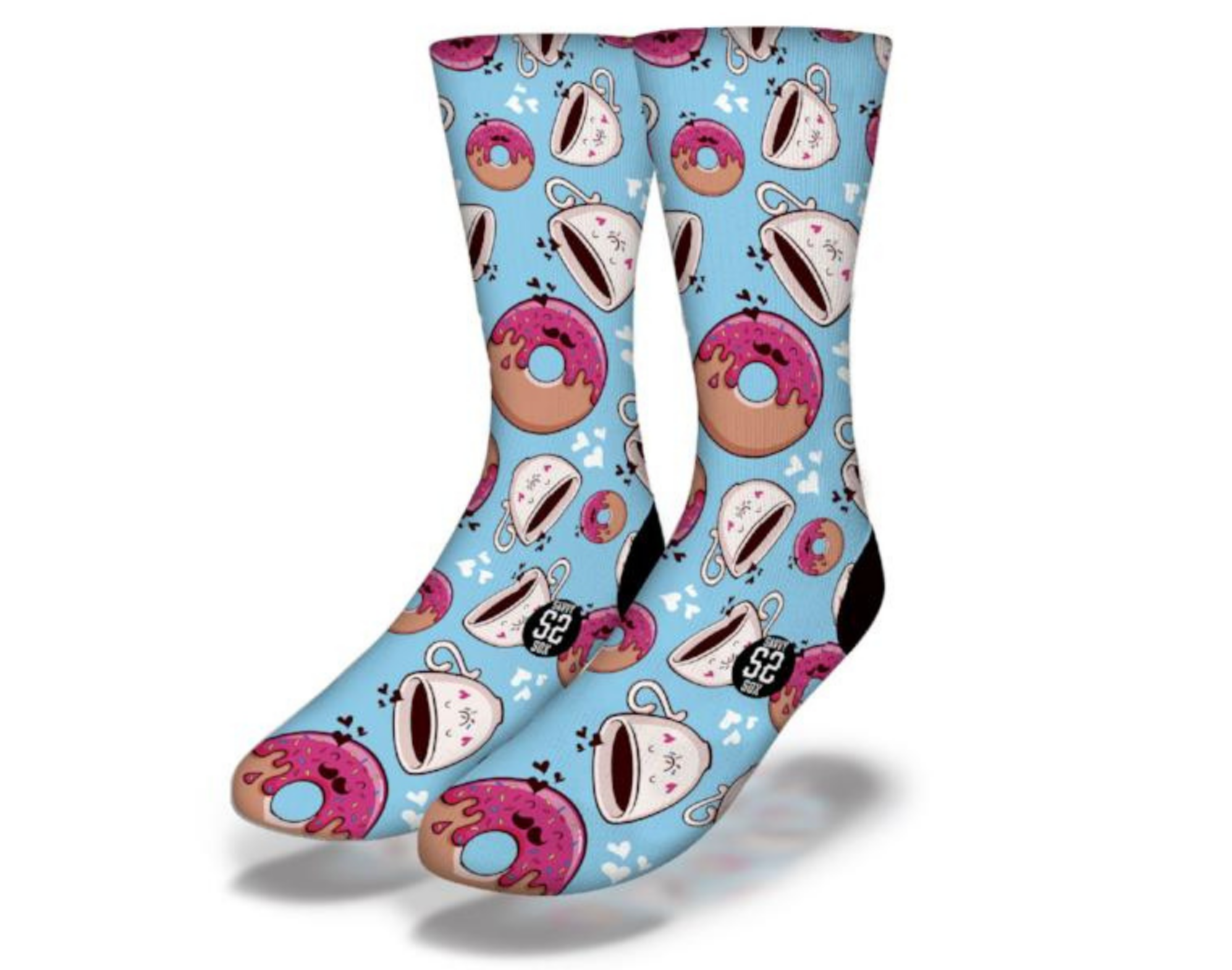 A pair of colorful socks featuring coffee cups and donuts design, perfect for casual wear.