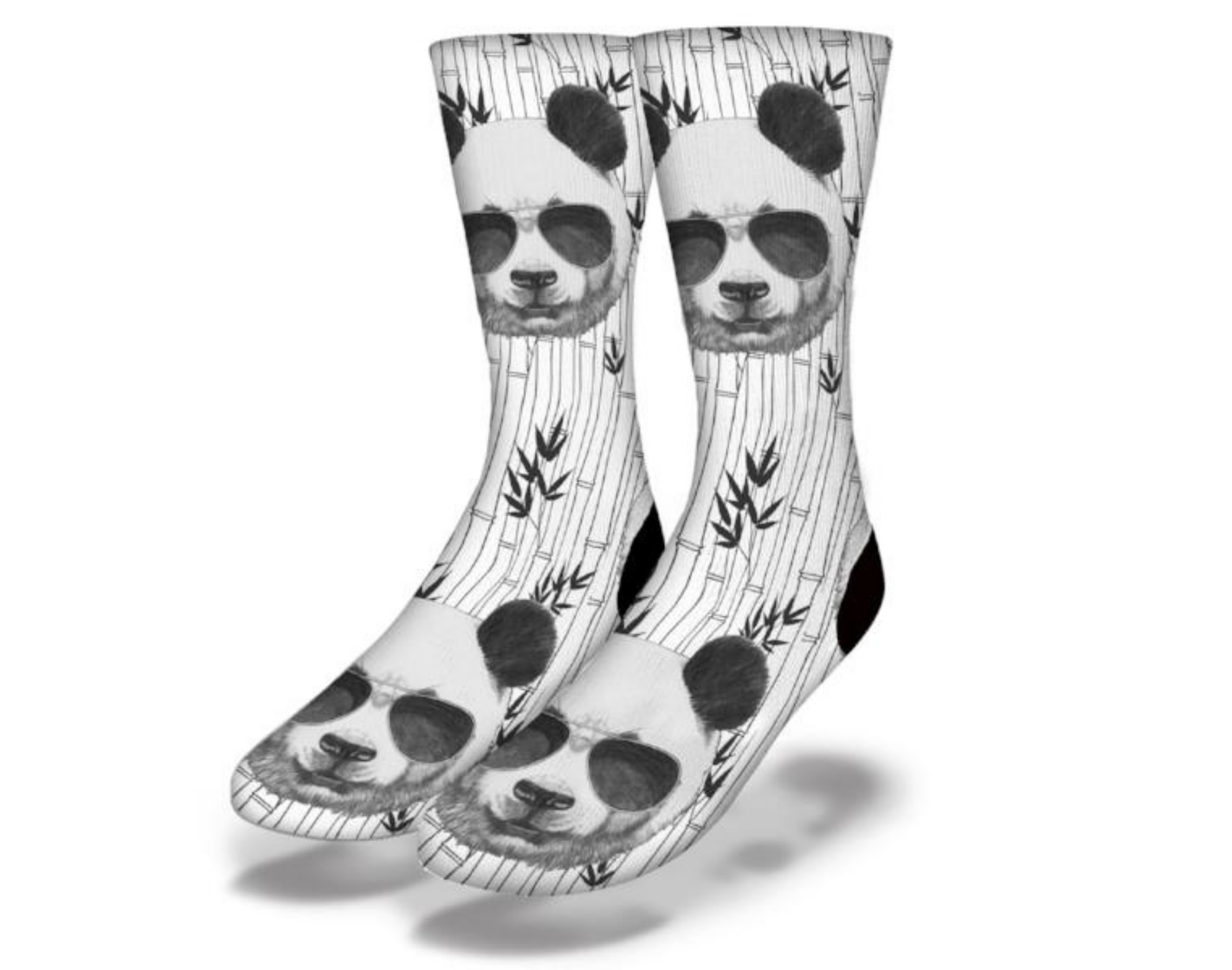 A pair of cute animal socks featuring panda bears surrounded by bamboo, showcasing a playful and colorful design.