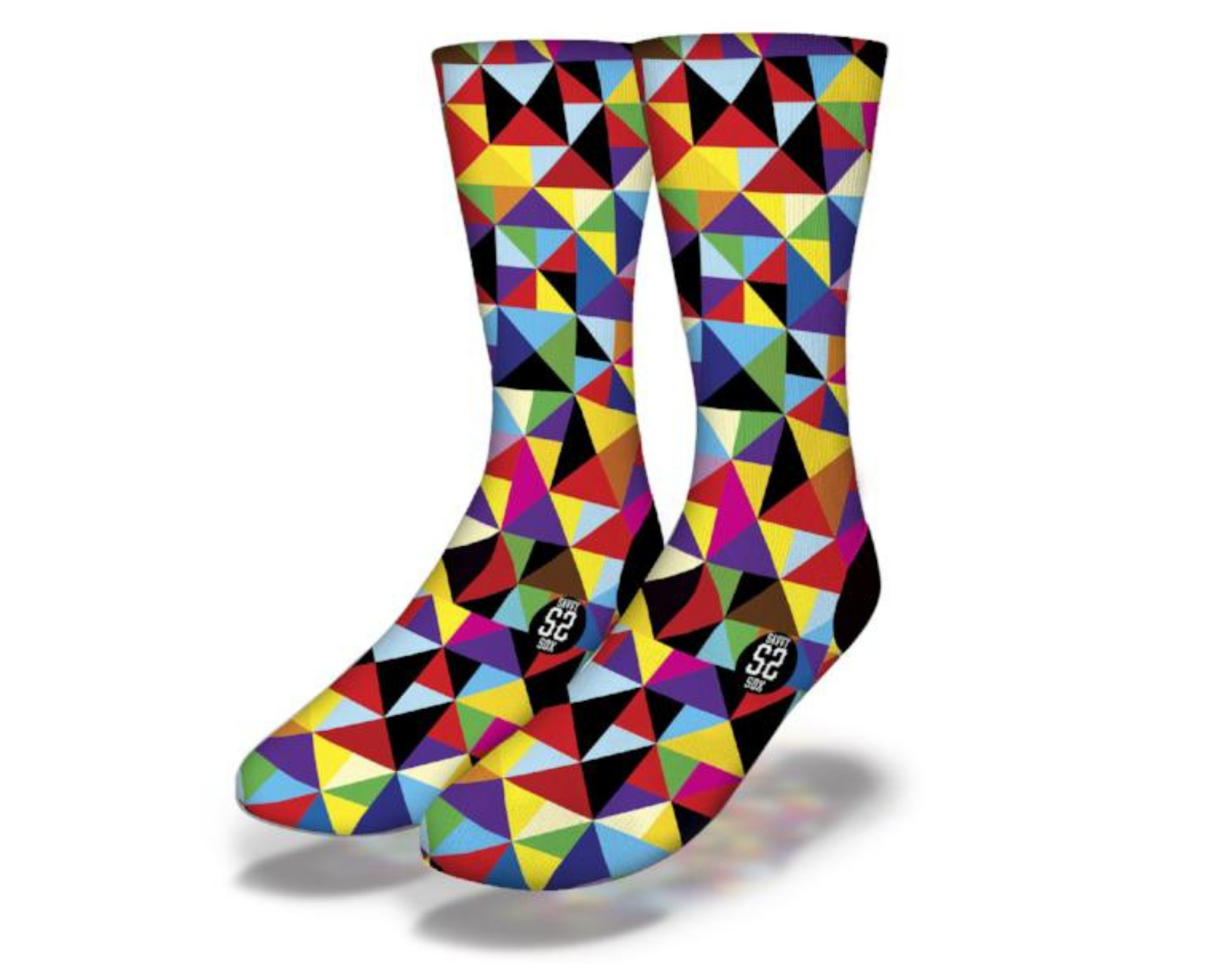 A pair of stylish shoes featuring a vibrant colored triangles design, showcasing a mix of bright colors and geometric patterns.